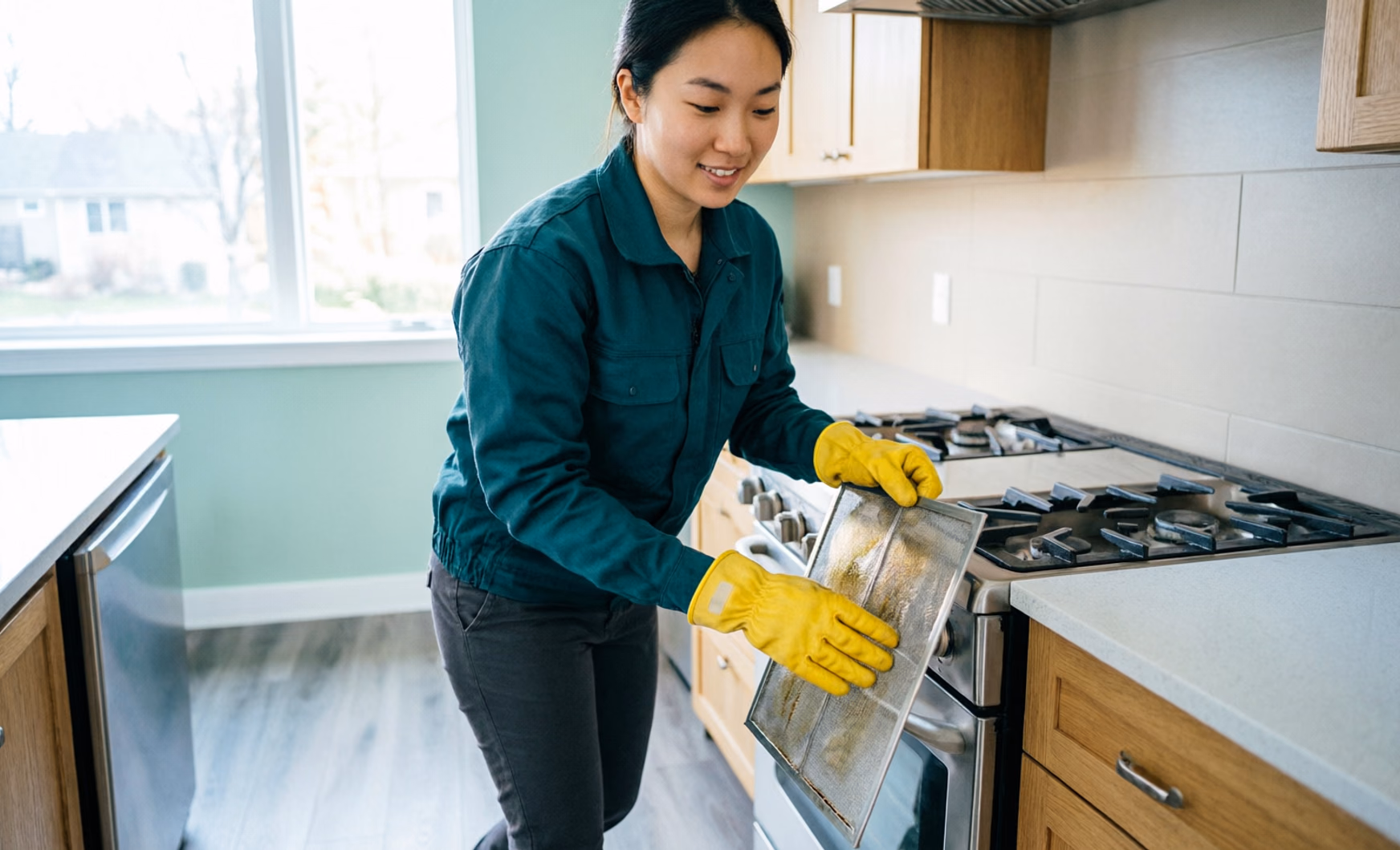 A portrait of a residential cleaner in an Ottawa home lifting off a range hood filter and soaking it in warm, soapy water while preparing the rest of the kitchen for a heavy grease deep clean.