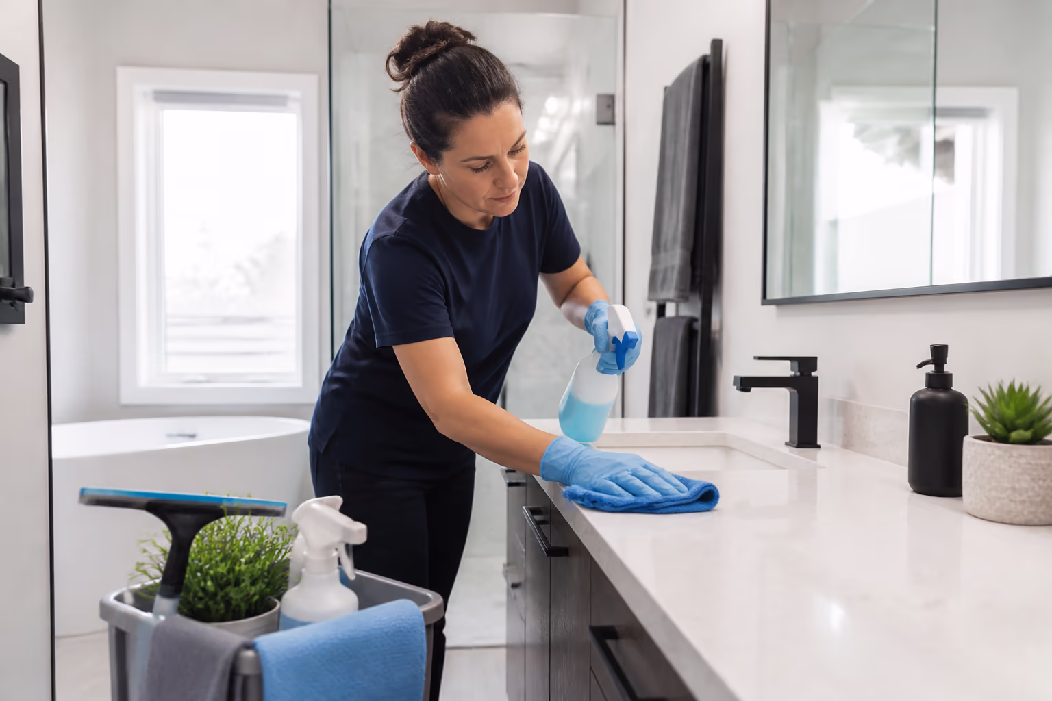 A professional residential cleaner in gloves spraying a bathroom cleaner onto a vanity and wiping it with a microfibre cloth in a bright Ottawa bathroom, with a caddy of supplies and a squeegee nearby.
