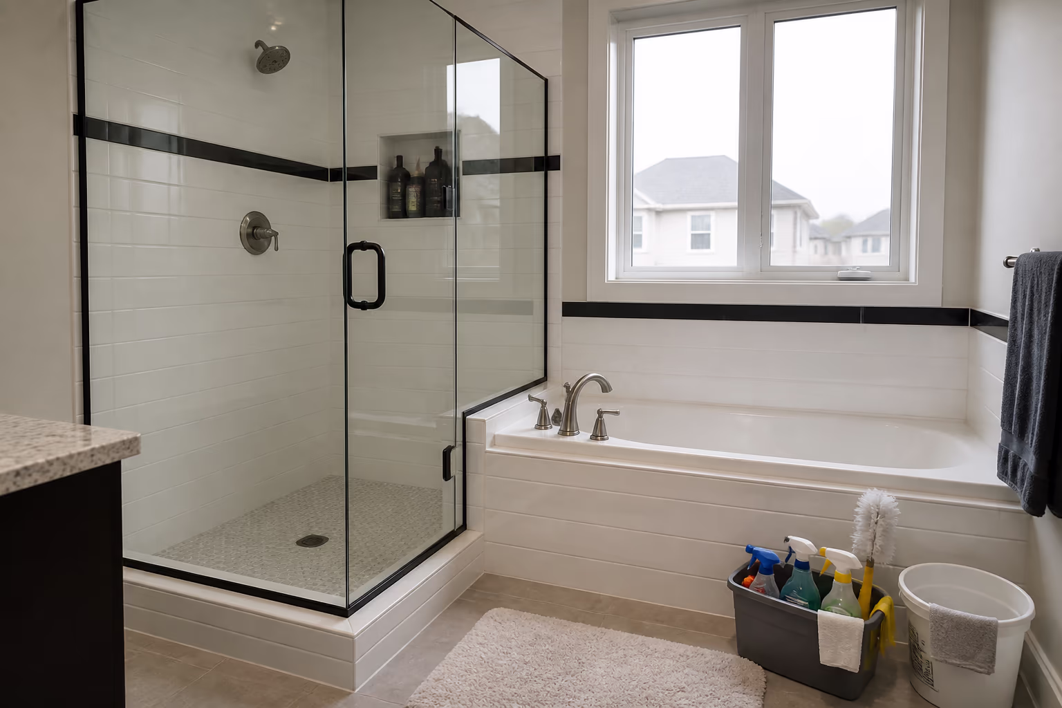 A landscape view of a clean Ottawa bathroom ready for the week, with a scrubbed shower and tub, a clear glass shower door and a professional cleaning kit laid out on the floor.
