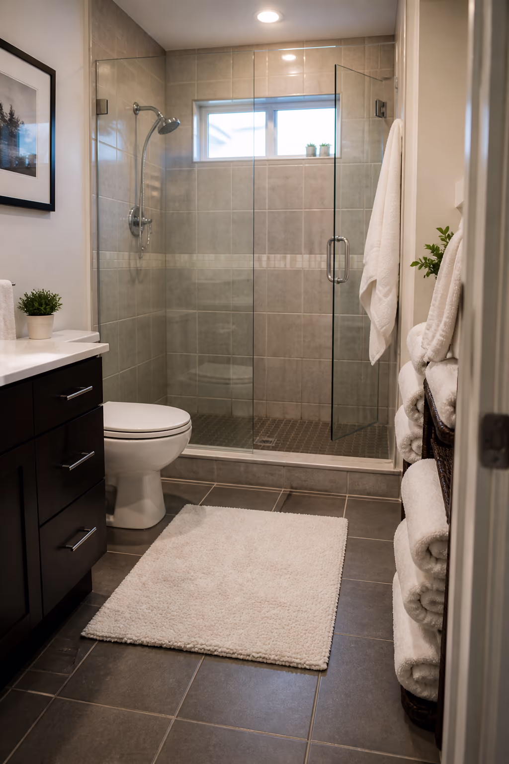 A portrait of a sparkling Ottawa family bathroom after a deep clean, with gleaming tiles, a clean shower, a fresh bath mat and neatly arranged towels.