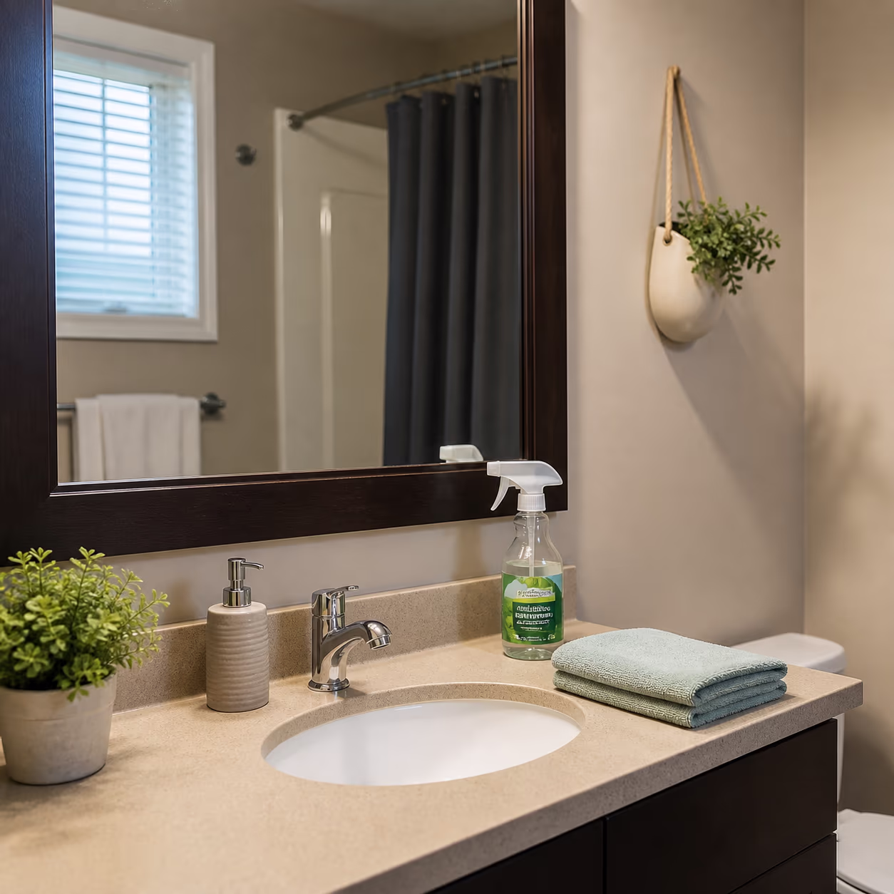 A square close-up of a fresh Ottawa bathroom after a weekly clean: a wiped vanity mirror, a tidy countertop and a folded towel beside the sink, with a spray bottle of cleaner nearby.