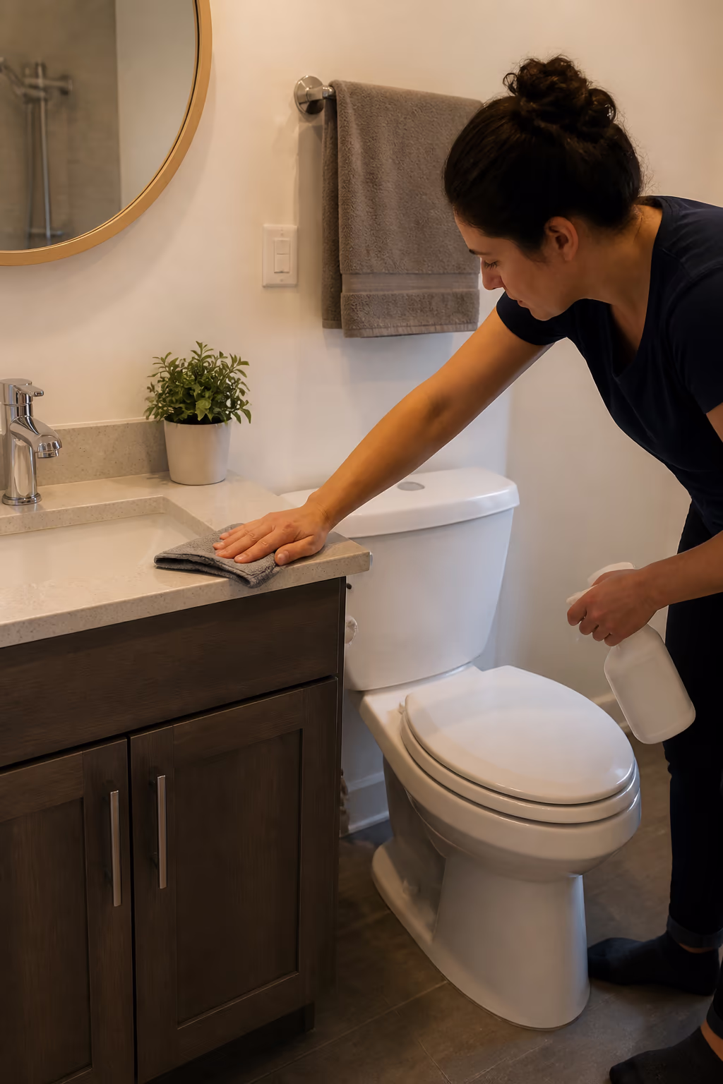 A portrait of a clean toilet, sink and vanity area in an Ottawa bathroom, showing a spotless bowl, a polished tap and a folded towel on the rail after a thorough clean.