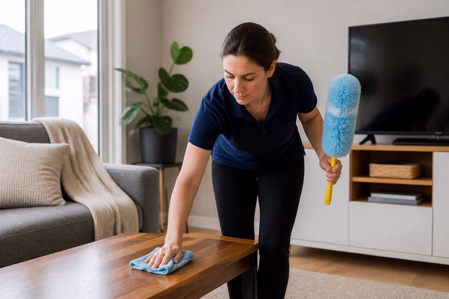 A residential cleaner holding a duster and microfibre cloths in a bright Ottawa living room, ready to work from high to low and keep the home dust-free.