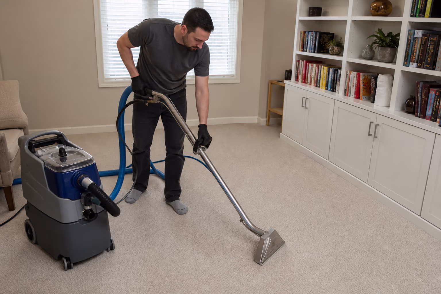 A landscape view of a bright Ottawa living room after a professional deep clean, with a freshly vacuumed carpet, dusted shelves and bookcase, and polished hard floors ready for the week.