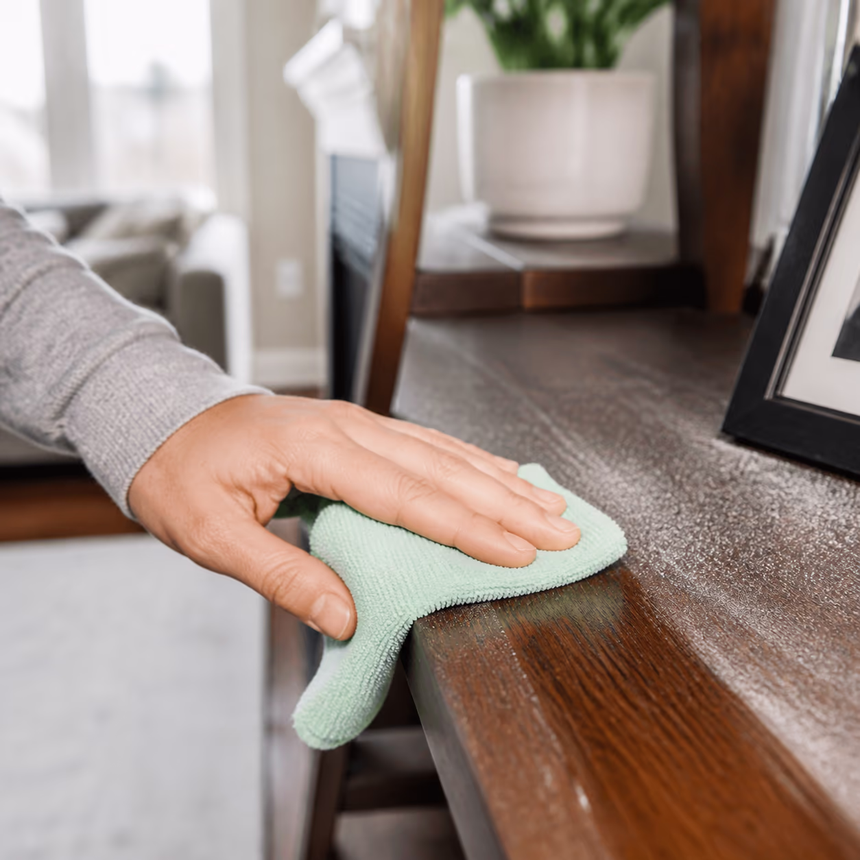 A square close-up of a microfibre cloth wiping a fine layer of dust off a wooden shelf in a bright Ottawa living room, showing how damp cleaning traps dust instead of scattering it.