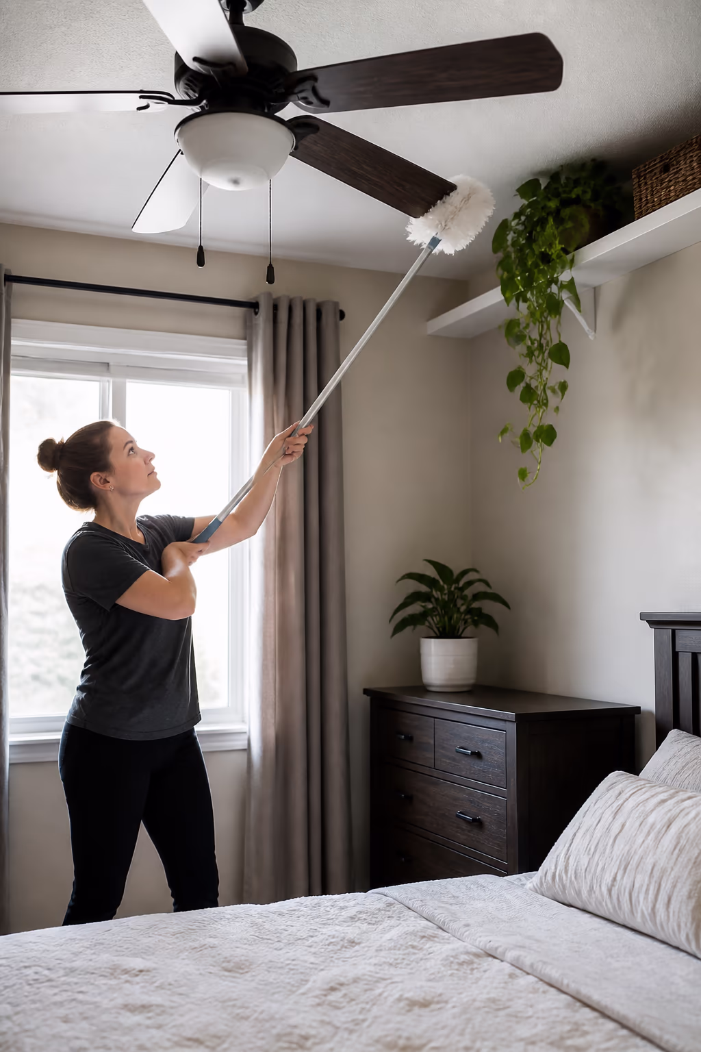 A portrait of a cleaner using an extendable duster on a ceiling fan and high shelf in an Ottawa bedroom, working from high to low so the dust falls onto surfaces cleaned last.