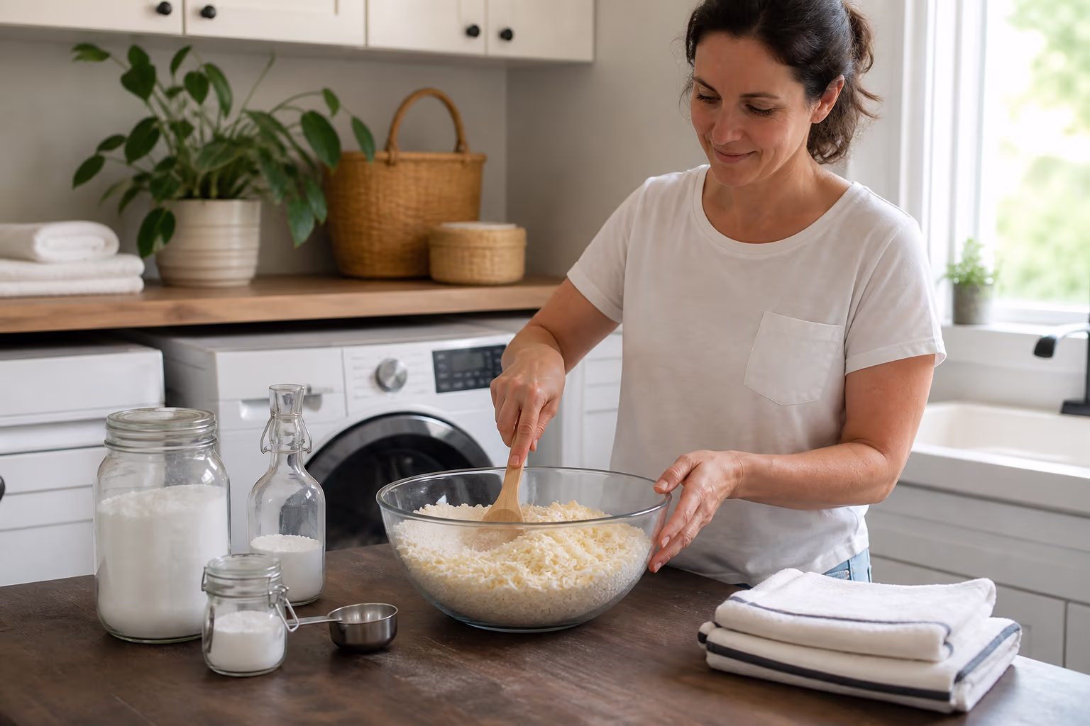 A residential cleaner in a bright Ottawa laundry room beside a mixing bowl of grated castile soap, washing soda and borax, ready to mix a batch of homemade natural laundry detergent.