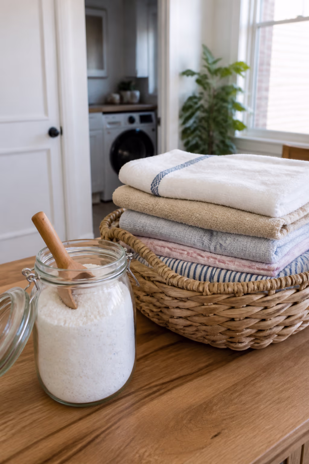 A portrait of folded, freshly washed laundry in a laundry basket beside an open jar of homemade natural laundry detergent powder in a bright Ottawa home.
