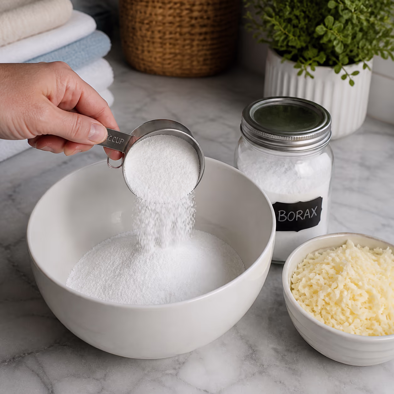 A square close-up of measuring washing soda into a mixing bowl beside grated soap and a jar of borax on a bright Ottawa kitchen counter, the three ingredients behind a homemade natural laundry detergent.