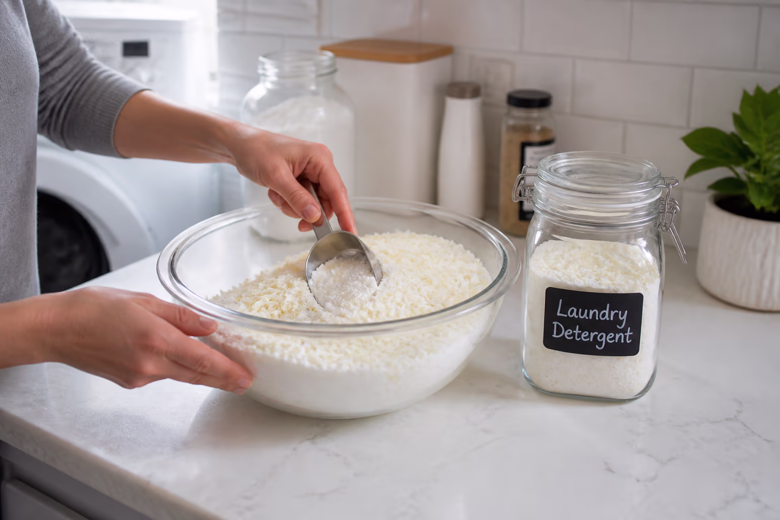 A landscape view of a mixing bowl of powdered homemade laundry detergent with grated soap, washing soda and borax, and an airtight labelled jar ready for storage on a bright Ottawa kitchen counter.