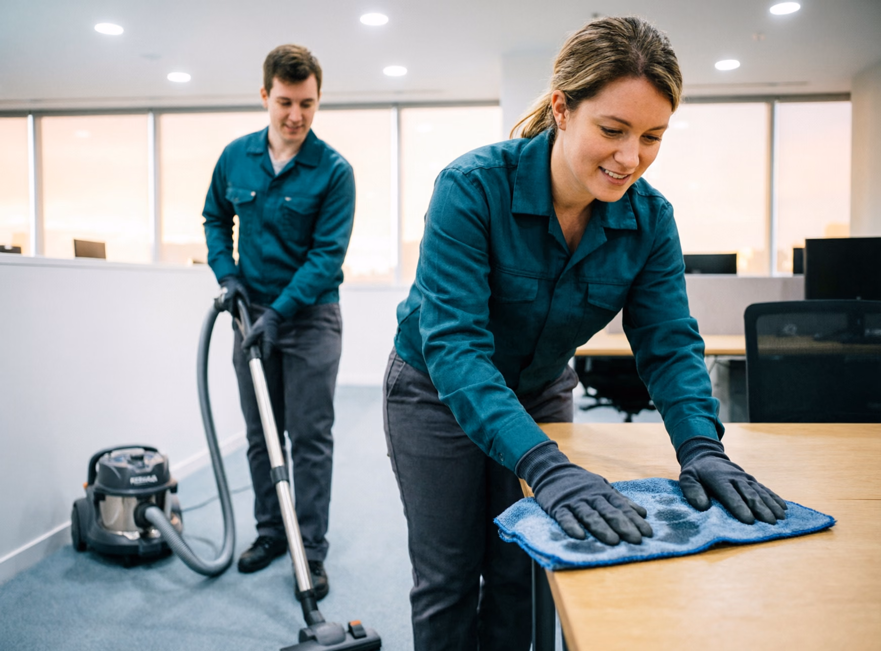Two office cleaners in green uniforms working an open-plan office floor after hours, vacuuming a carpeted aisle and wiping desks during a commercial cleaning visit in Ottawa.
