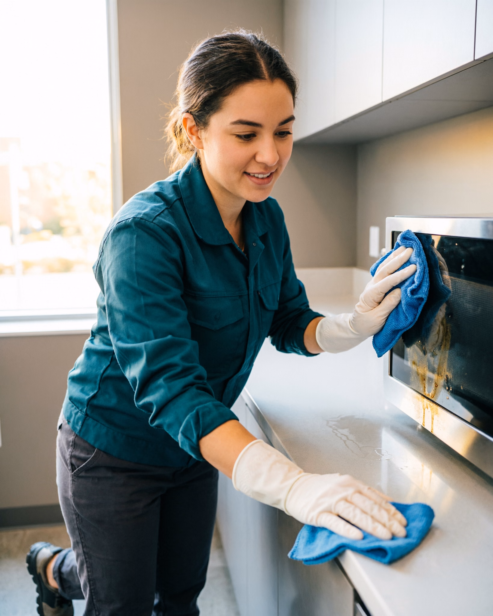A commercial cleaning technician in green uniform and gloves sanitizing the microwave and countertop of a shared office kitchen during a professional deep clean in Ottawa.