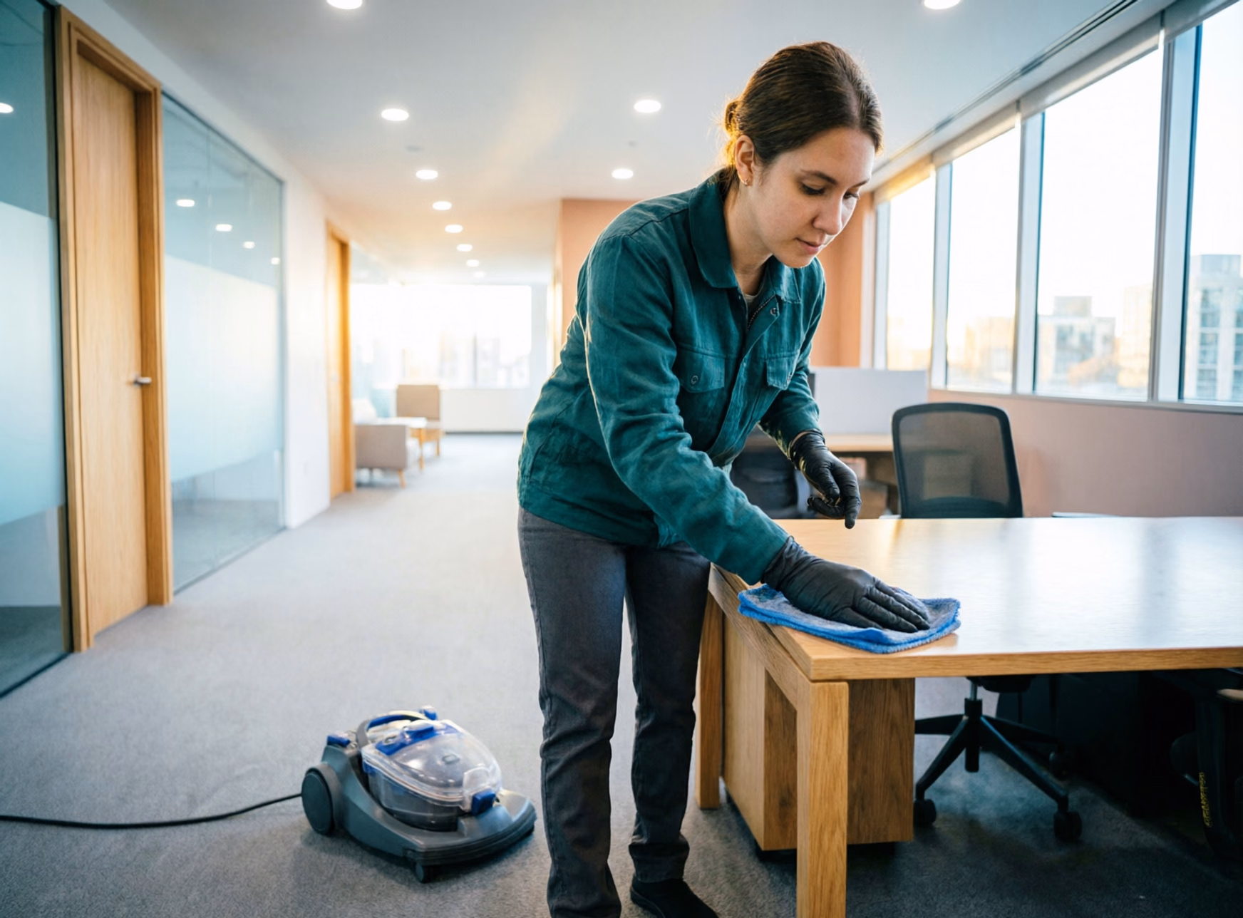 Cleaning technicians in green uniforms servicing a modern Ottawa office, vacuuming a carpeted aisle and wiping desks during an after-hours commercial cleaning visit.