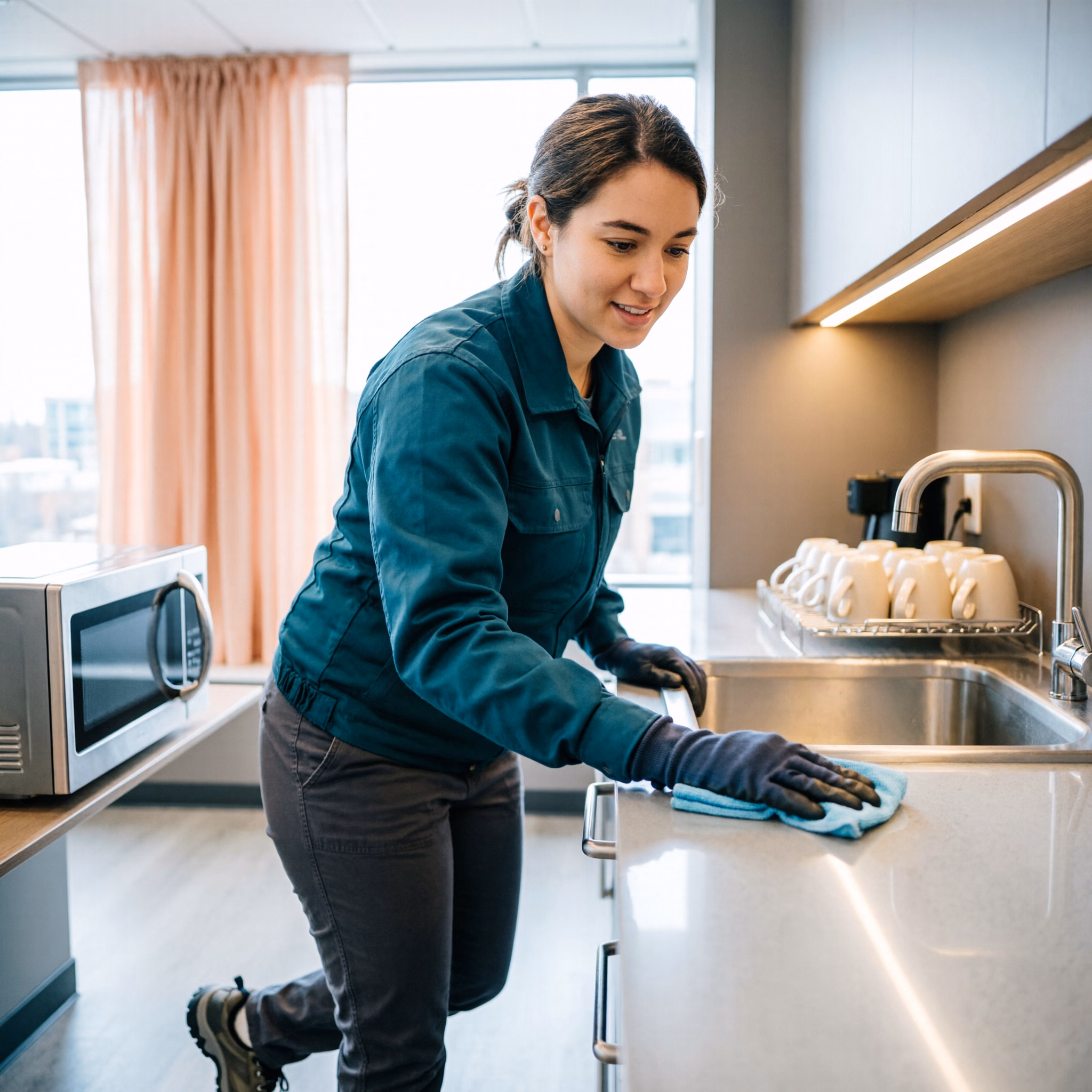 A professional cleaner in a green uniform wiping the counters and stainless steel surfaces of a bright office breakroom kitchen in Ottawa, with clean mugs drying on the rack.
