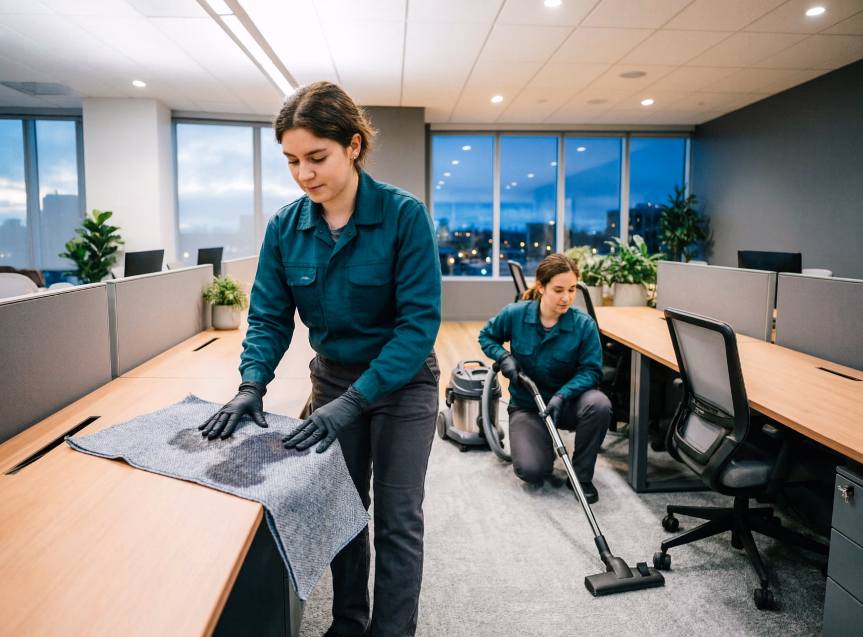 Two office cleaners working through an open-plan Ottawa office after hours, wiping shared desks and vacuuming between workstations.