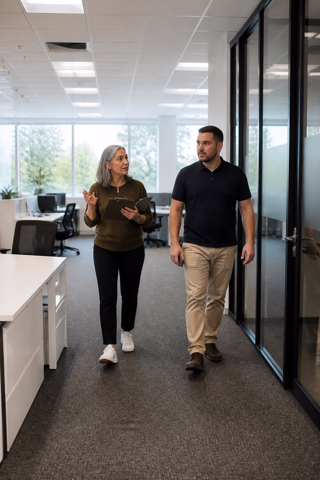 A portrait of an office manager walking through a daylit Ottawa office with a cleaning provider, counting workstations and noting the washrooms and kitchen during a quote walkthrough.