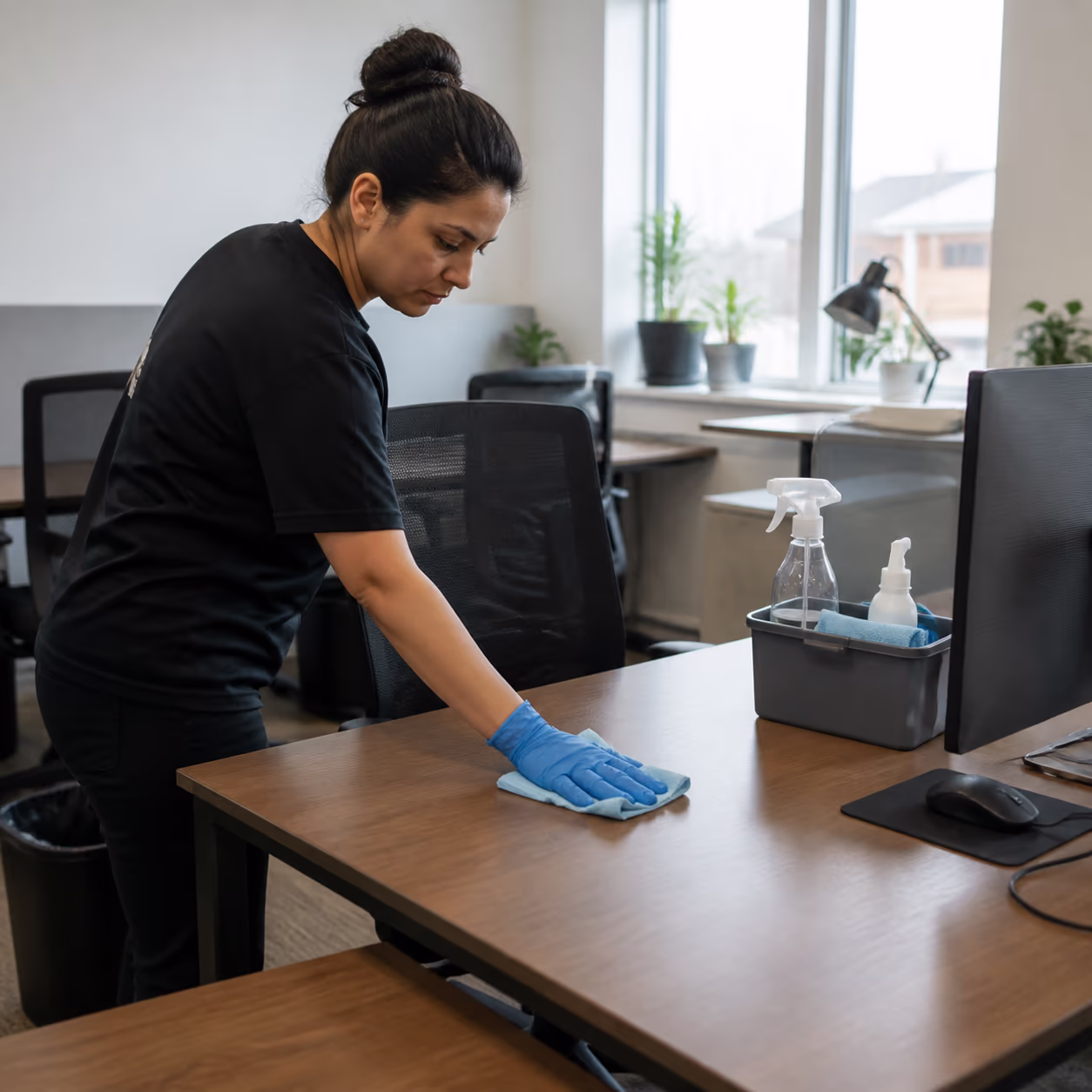 A square view of a cleaner sanitizing high-touch surfaces on a shared office desk in a daylit open-plan Ottawa workspace, with a caddy of low-fume supplies nearby.