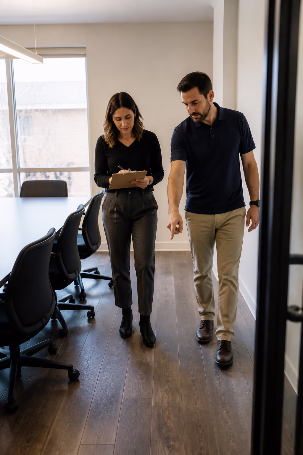 A portrait of a provider and an office manager walking through a meeting room during a quote walkthrough, counting boardrooms and noting the flooring.