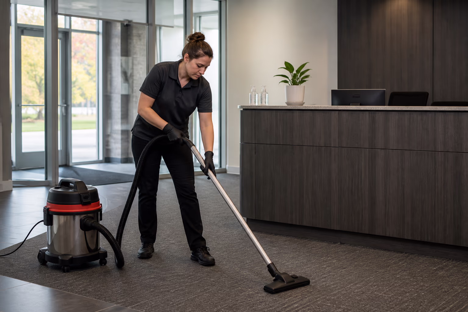A landscape view of a professional cleaning team resetting an Ottawa office lobby, with a freshly vacuumed entrance, clean glass and a stocked front desk ready for clients.