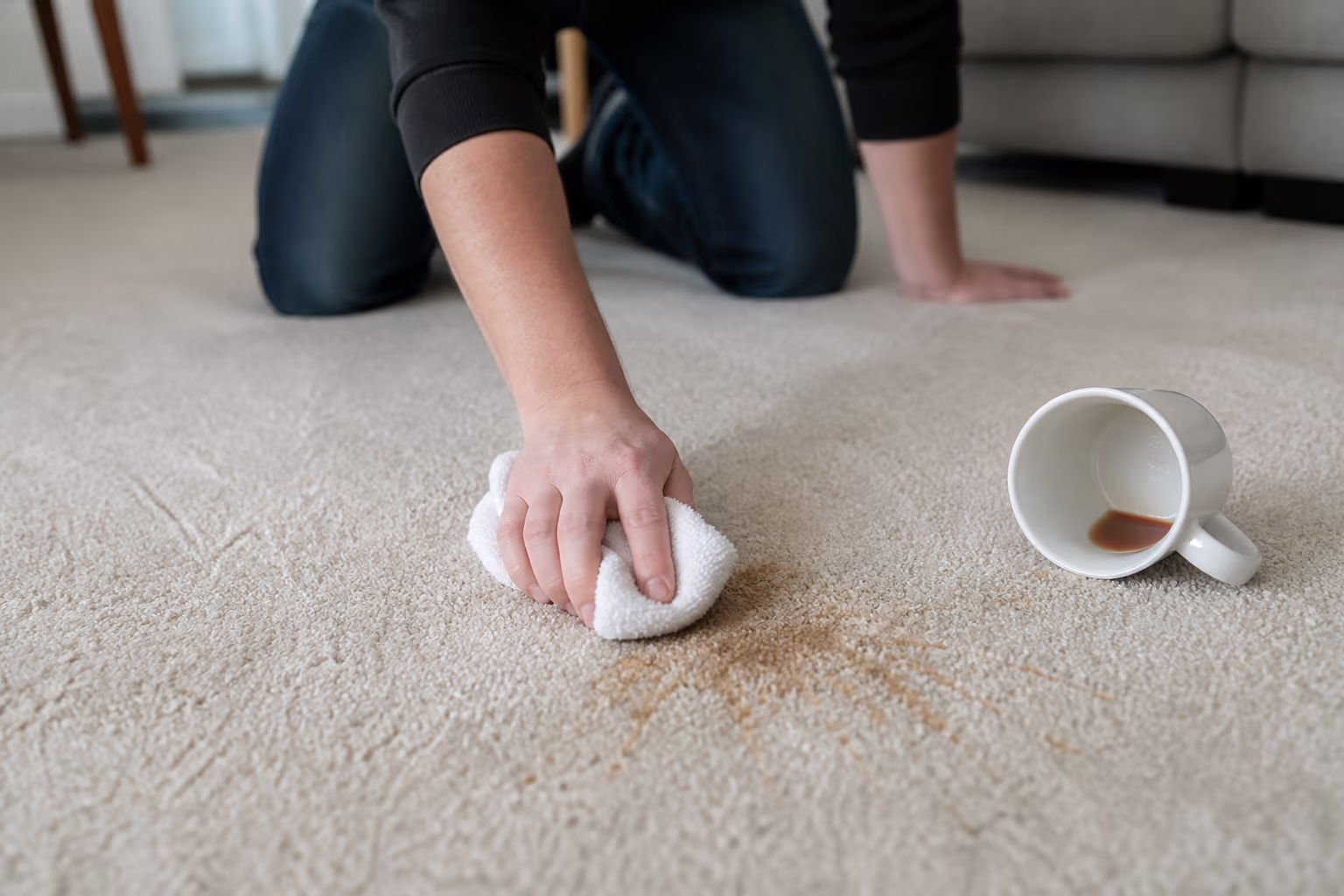 A cleaning technician kneeling on a clean white cloth and blotting a fresh coffee spill from a light-coloured living room carpet in an Ottawa home.