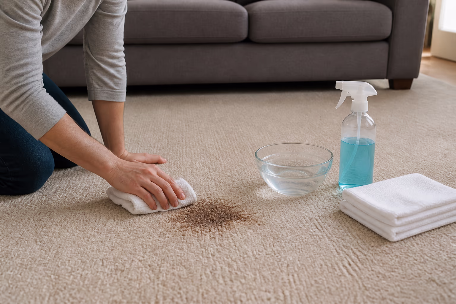 A wide view of a living room carpet in an Ottawa home mid-clean, with a spray bottle of diluted dish soap, a bowl of cool water and a stack of white cloths arranged beside the spot being treated.