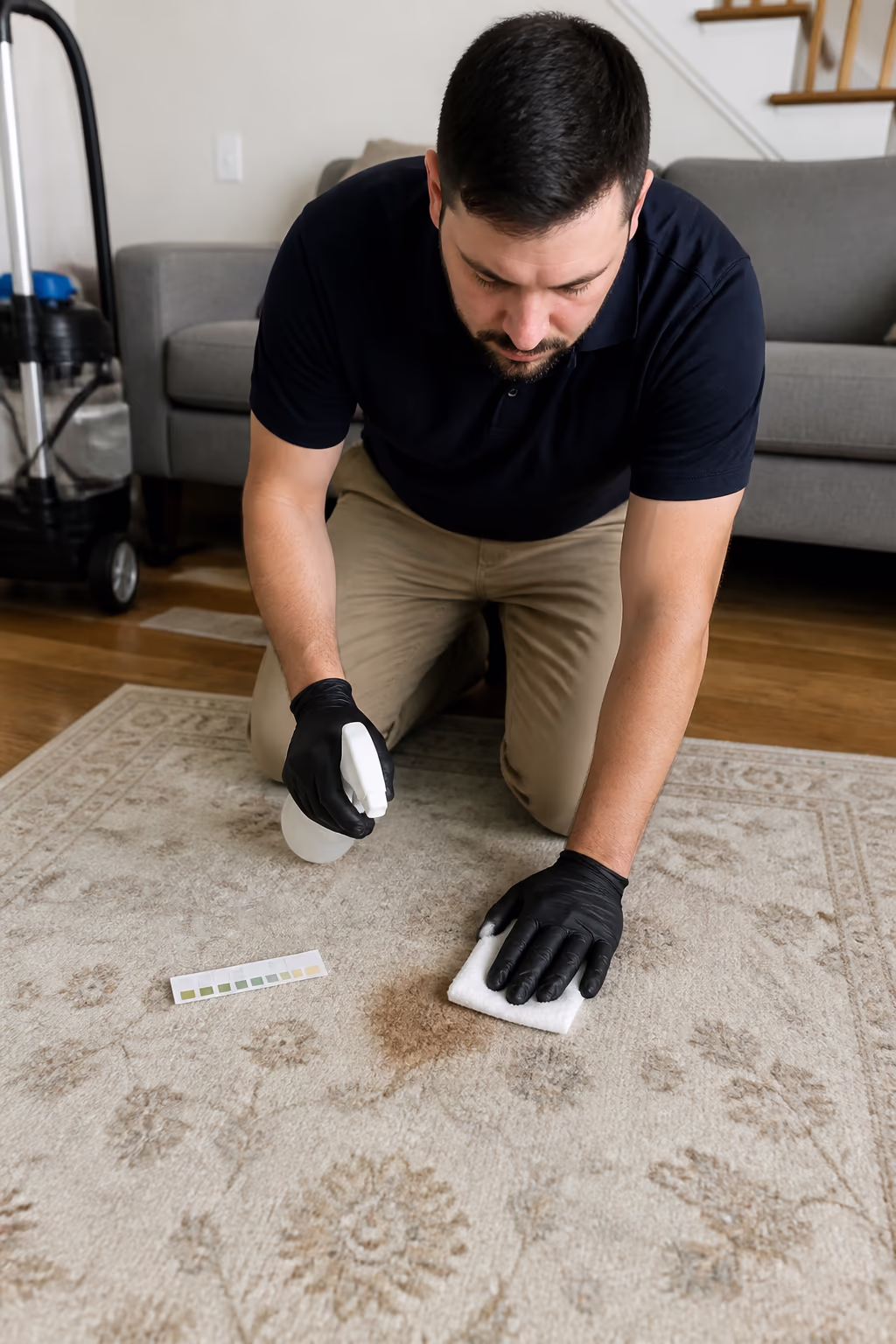 A portrait of a cleaning technician treating a coffee stain on a wool area rug in an Ottawa living room, testing a pH-neutral cleaner on a hidden corner before gently blotting the mark.
