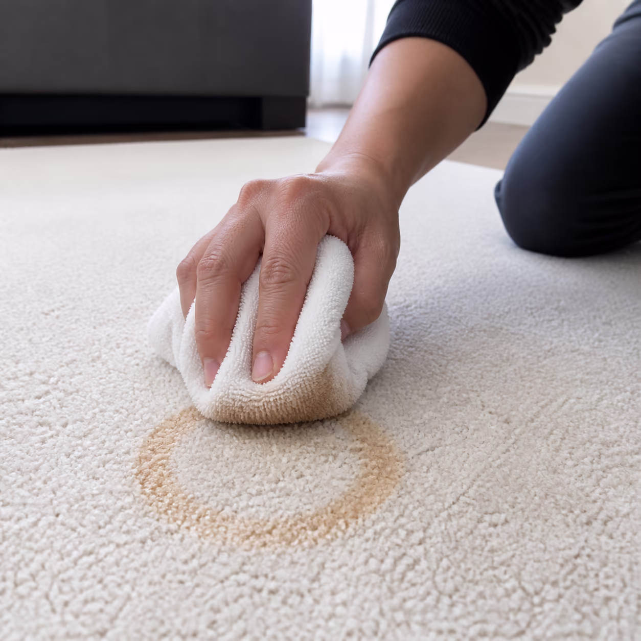 A square close-up of a white cloth blotting a fresh coffee ring from a light-coloured carpet in an Ottawa home, the stain being lifted straight up from the pile instead of rubbed deeper.