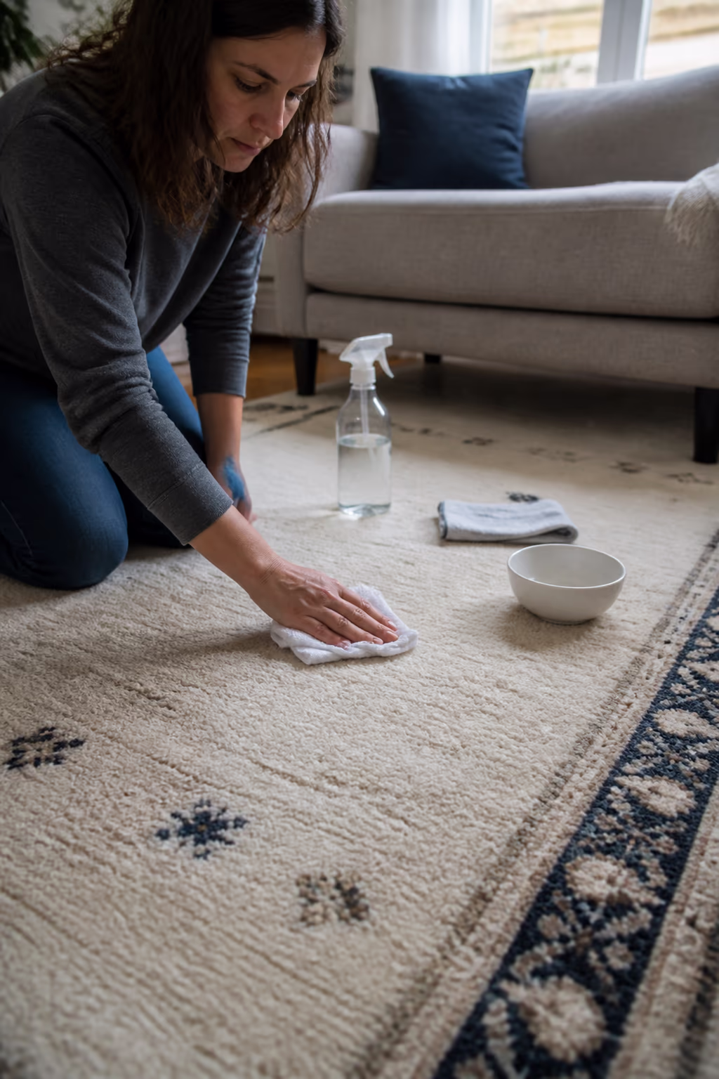 A portrait of a cleaner's hands gently blotting a wool area rug in an Ottawa home with a cool, pH-neutral solution, the careful approach natural fibres need.