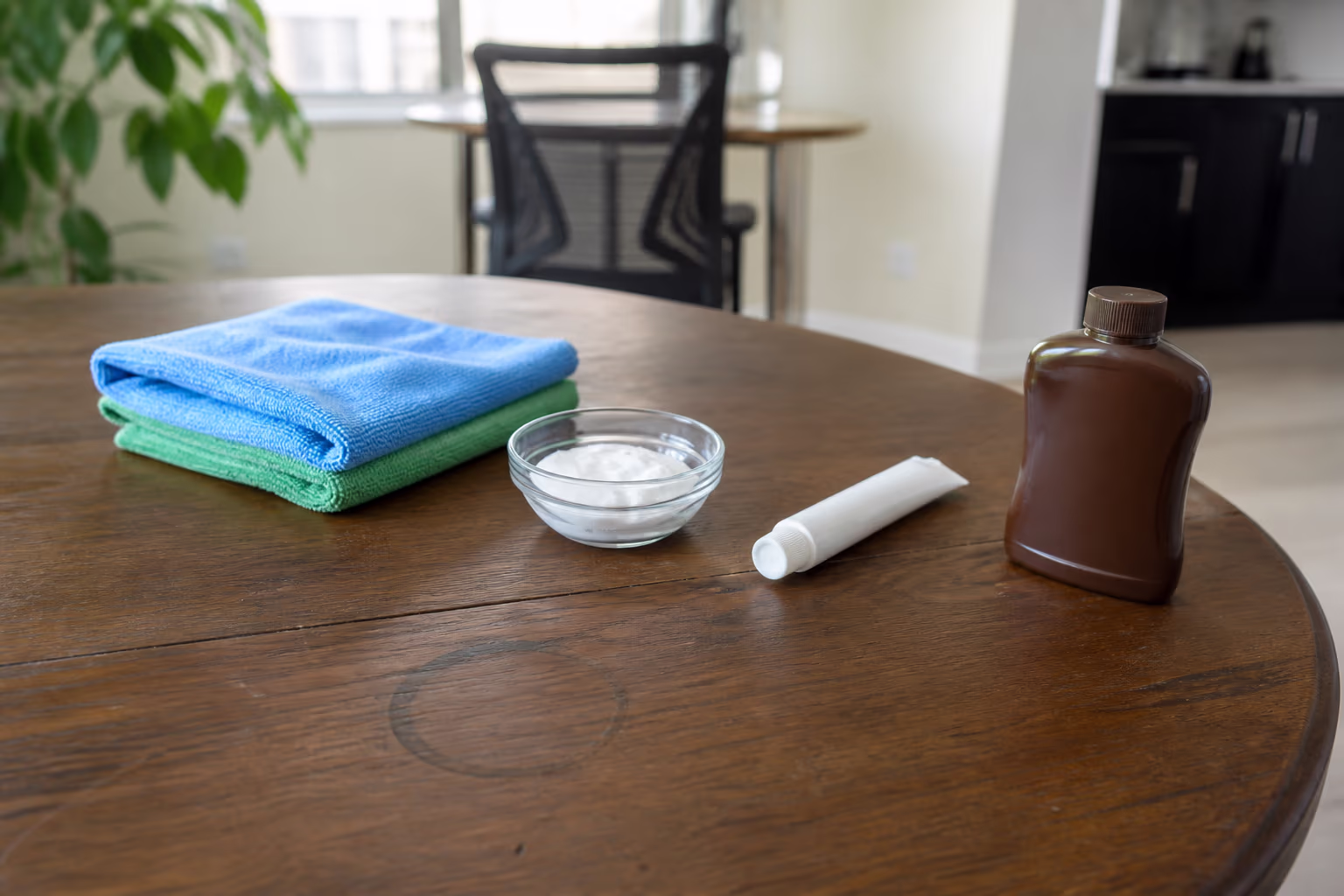 A wide view of a home cleaning kit laid out on a wood table before treating a water ring: microfibre cloths, a small bowl of baking soda paste, plain white toothpaste and furniture polish in a bright Ottawa home.