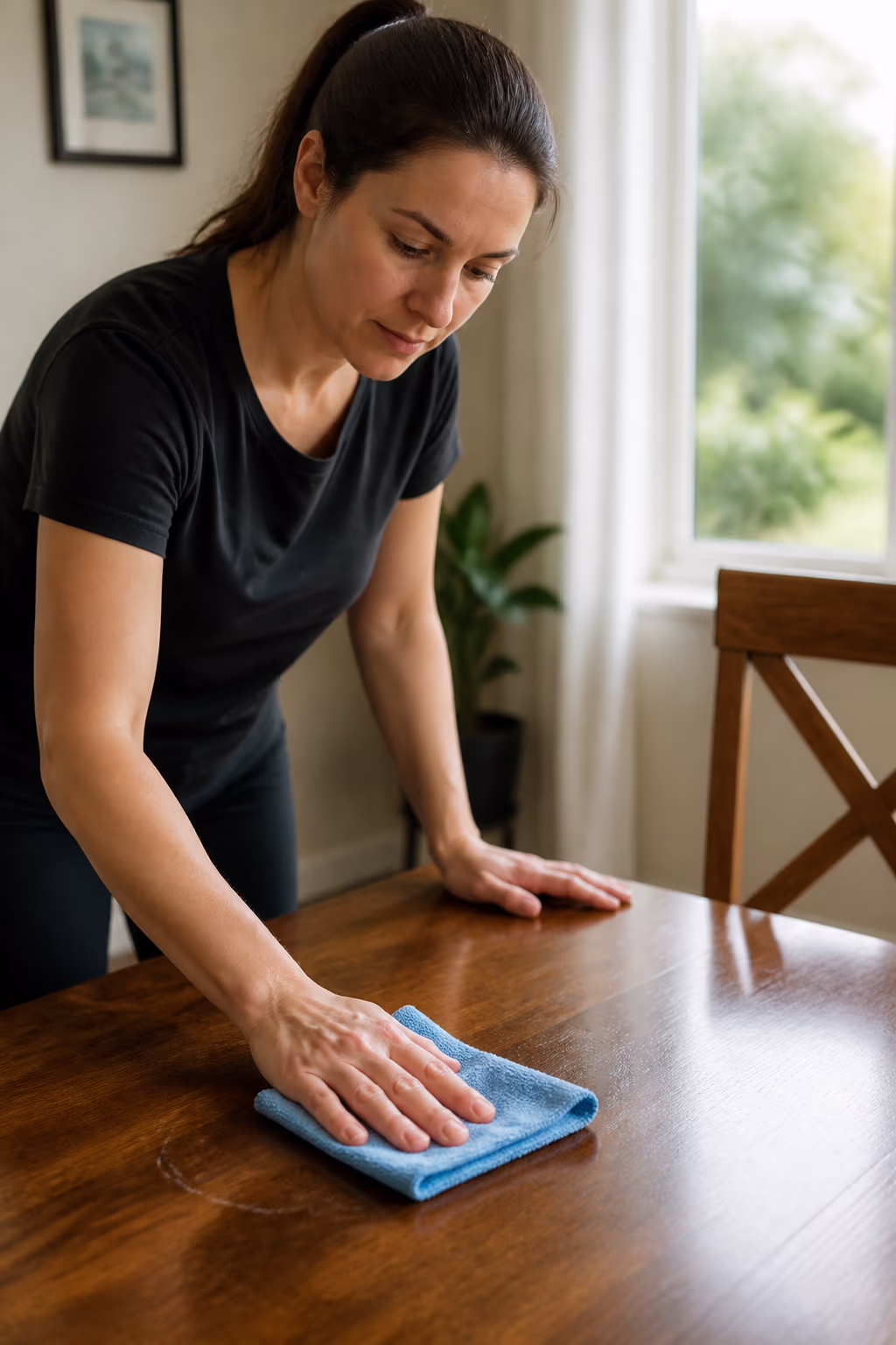 A portrait of a cleaning technician carefully buffing a wood table with a microfibre cloth during a residential furniture care visit in an Ottawa home, restoring the finish after a water ring.