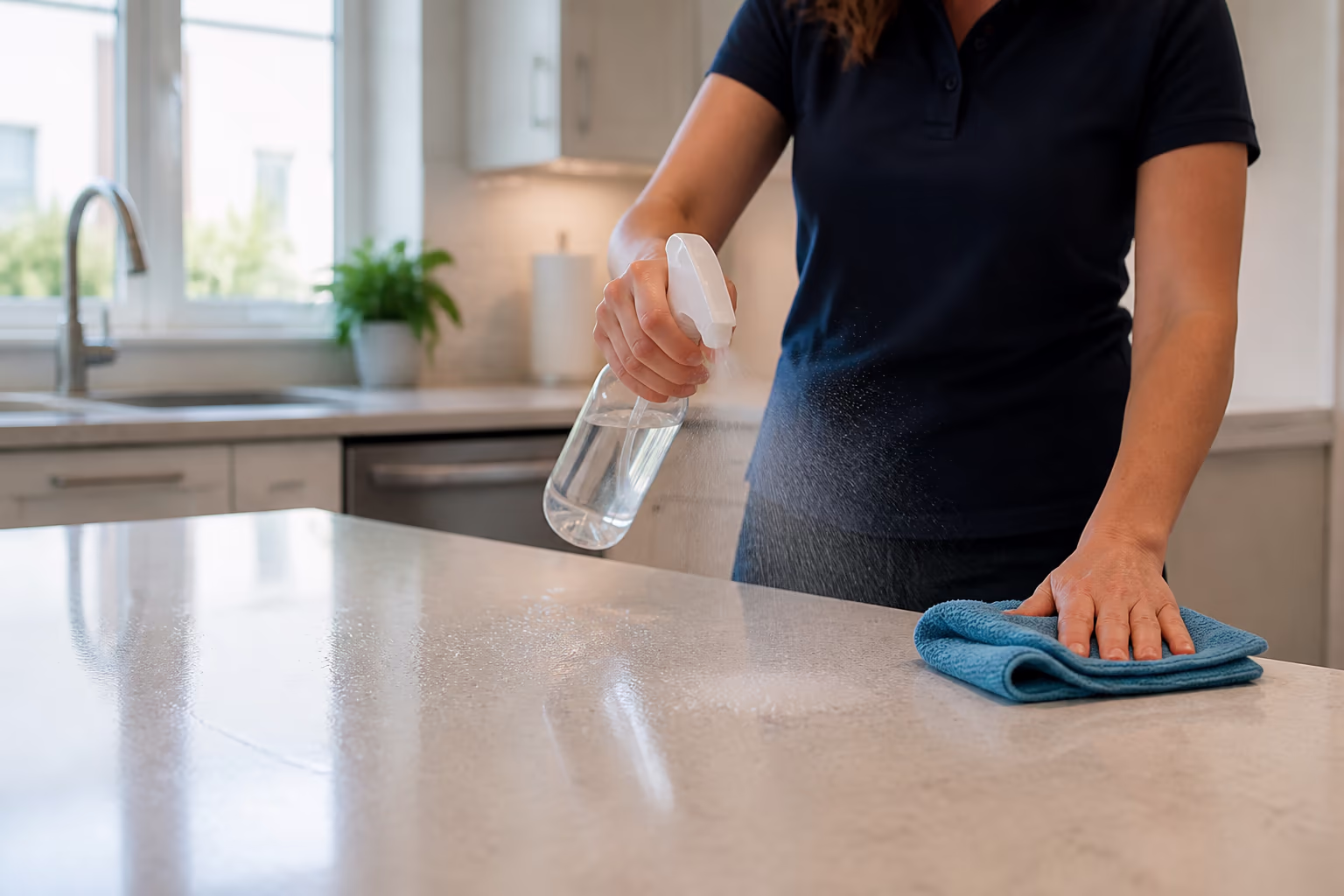 A close-up of a professional cleaner spraying a diluted vinegar-and-water mix onto a kitchen counter in a bright Ottawa home, a folded microfibre cloth at the ready to wipe it clean.