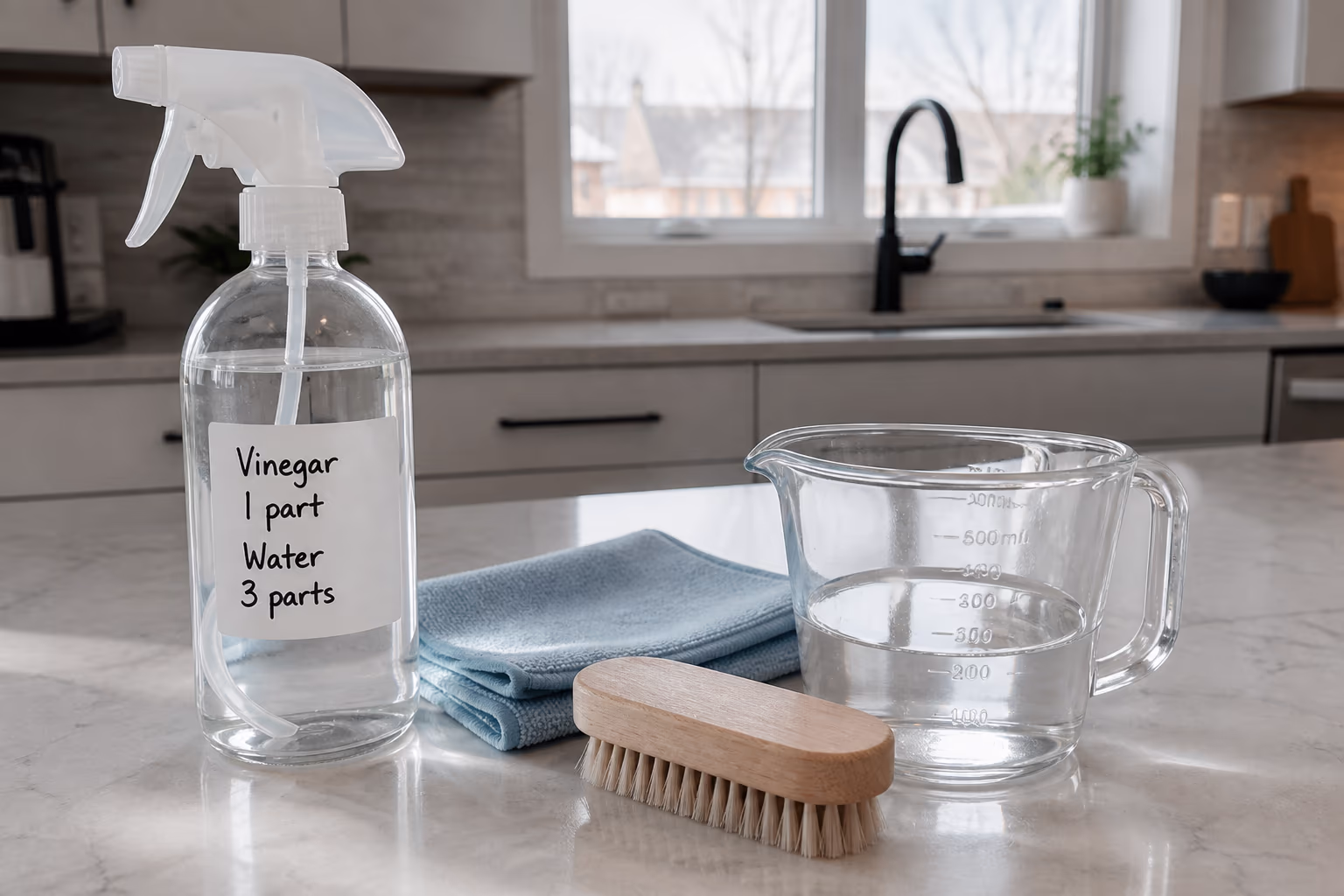 A wide view of the vinegar cleaning method laid out on a home counter: a labelled spray bottle of the one-to-three mix, a microfibre cloth, a soft brush and a measuring cup, ready before the first wipe in an Ottawa kitchen.