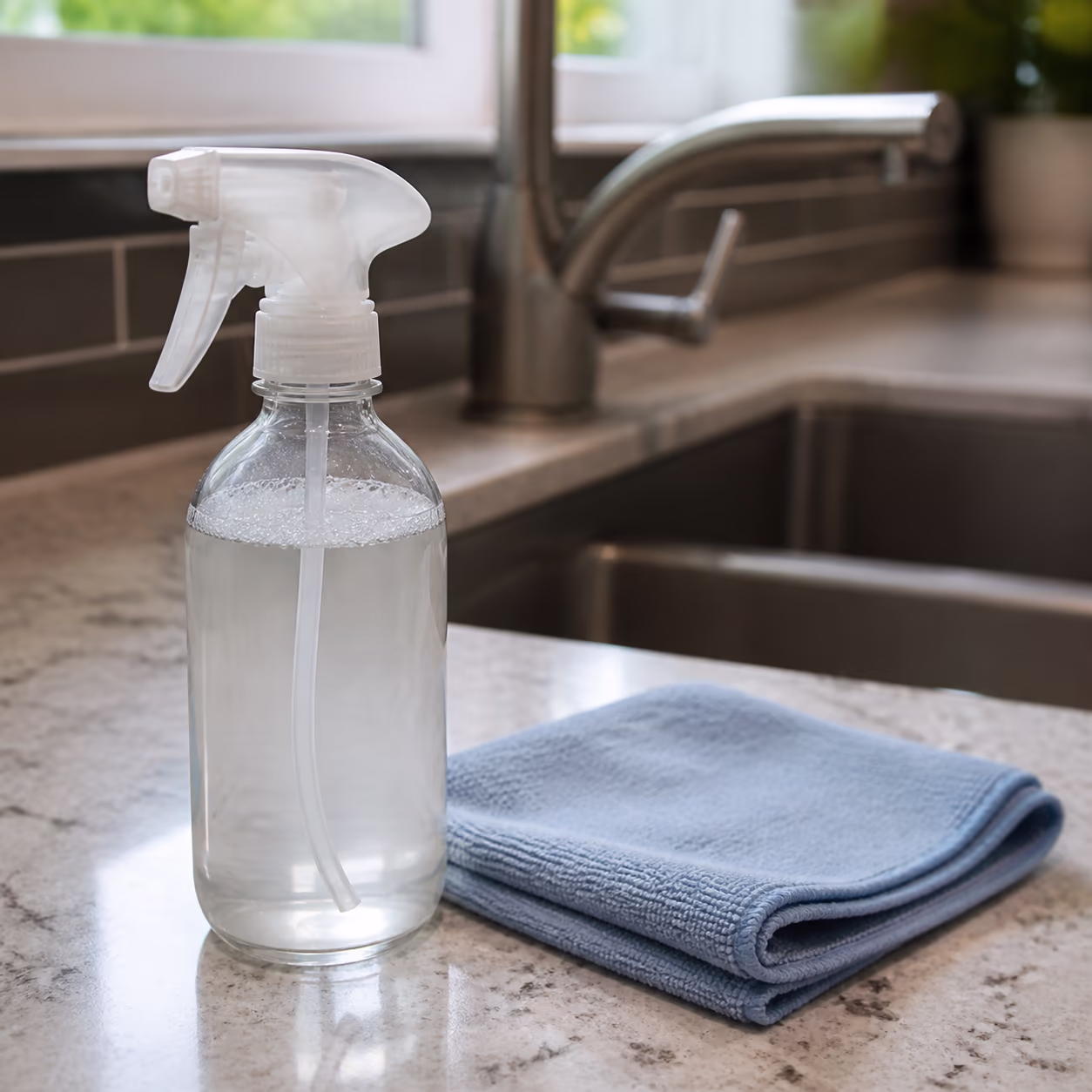 A square close-up of a glass spray bottle filled with diluted white vinegar beside a folded microfibre cloth on a kitchen counter, a tap and sink softly out of focus behind it.