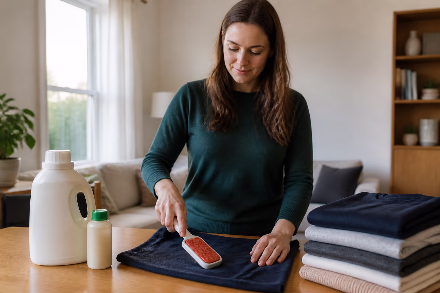 A residential cleaner holding eco-friendly laundry supplies and a rubber lint brush beside a neat stack of folded clothes in a bright Ottawa home, keeping pet hair off the wardrobe.