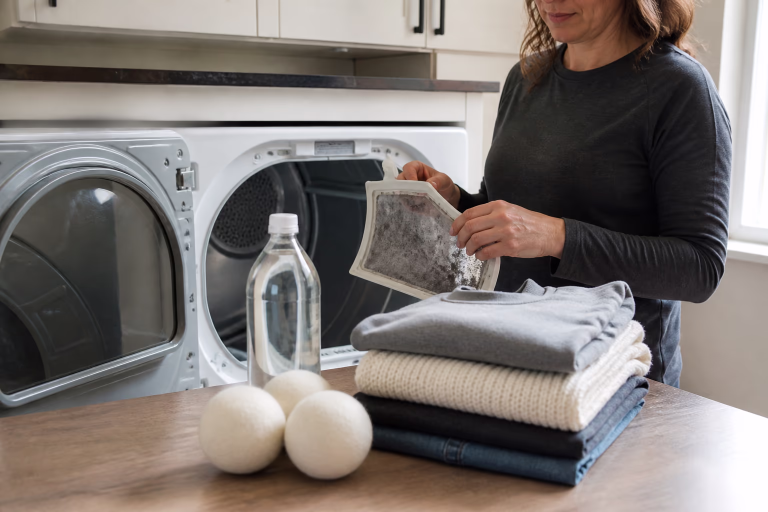 A wide view of a home laundry setup in an Ottawa laundry room: the dryer door open, a freshly cleaned lint trap, a bottle of white vinegar, wool dryer balls and a folded pile of hair-free clothes ready for the wardrobe.