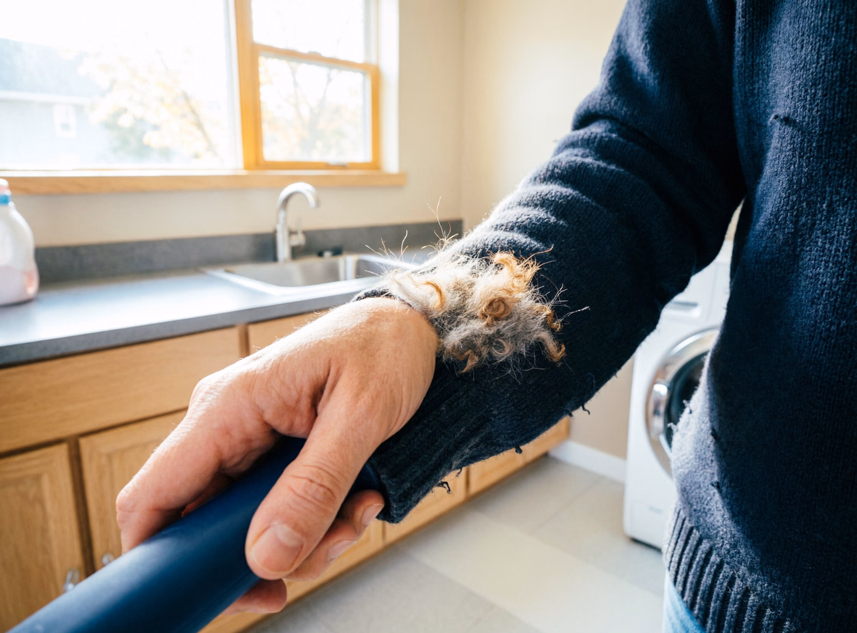 A square close-up of a rubber lint brush lifting a trail of pet hair from the sleeve of a dark knit sweater, the hair gathering in the rubber as static releases it, photographed in a bright Ottawa laundry room.