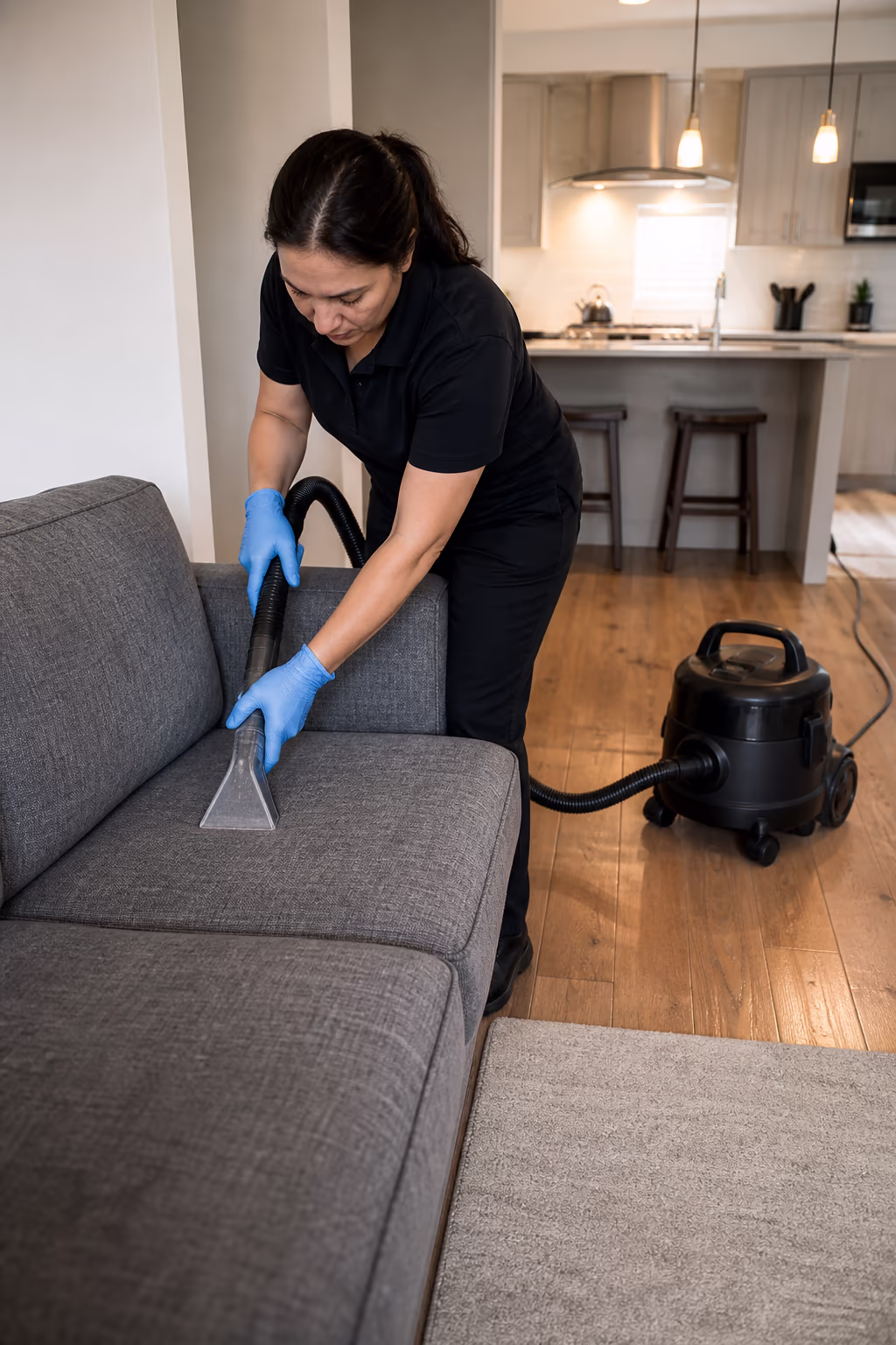 A portrait of a home cleaner using an upholstery attachment to vacuum pet hair off a couch in an Ottawa living room, lifting the deep-set hair a lint roller cannot reach.
