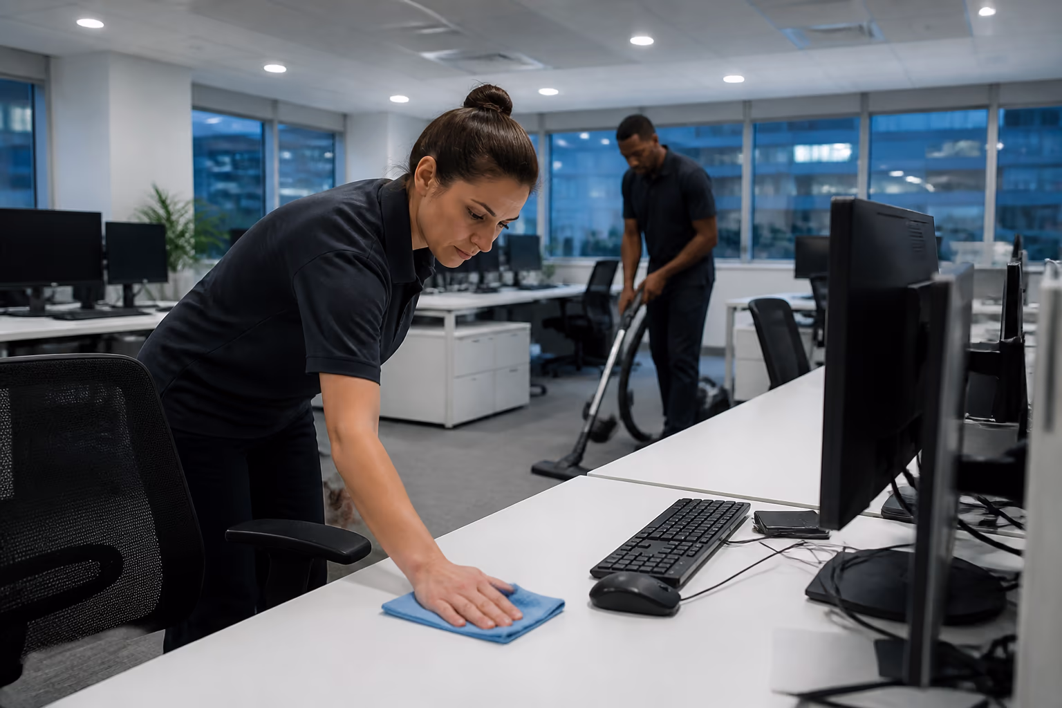 Two cleaning technicians refreshing a bright open-plan Ottawa office in the evening, one wiping high-touch shared desks and keyboards while the other vacuums between workstations.