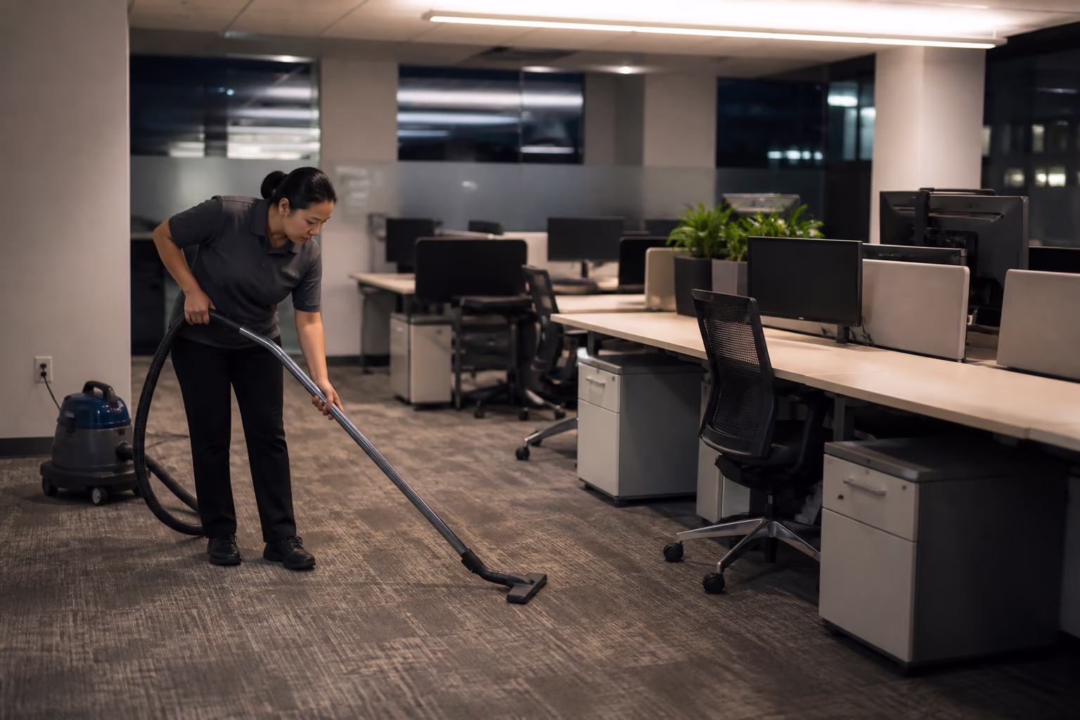 A wide view of an Ottawa office at closing time: a professional cleaning team working the open plan after hours, vacuuming carpet, wiping desks and emptying bins so the space is fresh for the morning.