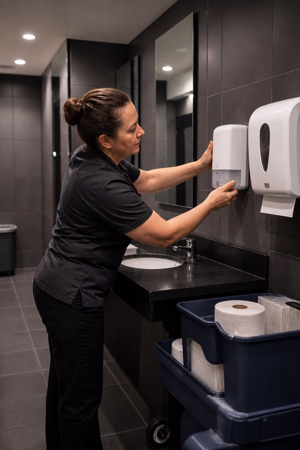 A portrait of a cleaning technician restocking an Ottawa office washroom with soap and touchless paper dispensers after hours, keeping the shared environment consistently cared for.