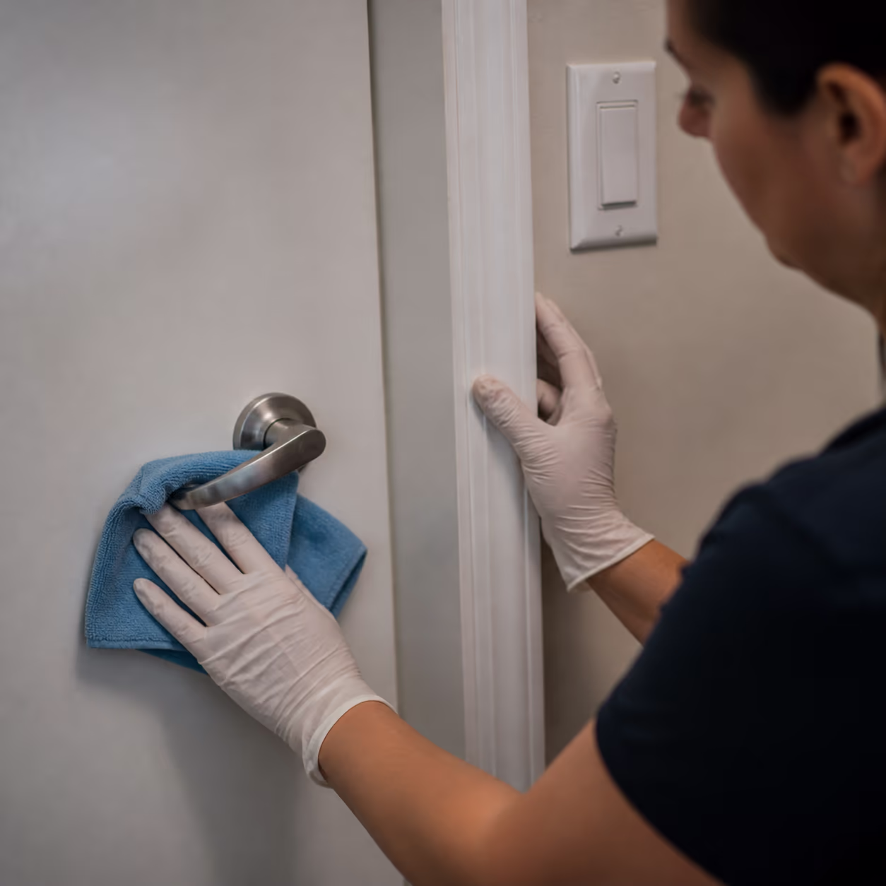 A square close-up of a cleaner wiping a shared Ottawa office doorknob and light switch with a microfibre cloth, part of the nightly high-touch disinfection routine that supports employee well-being.