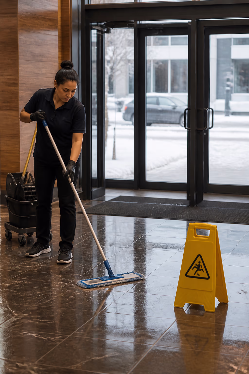 A portrait of a team member mopping a polished office lobby entrance during an Ottawa winter, a wet-floor sign up and salt-and-slush residue cleared from the tile.