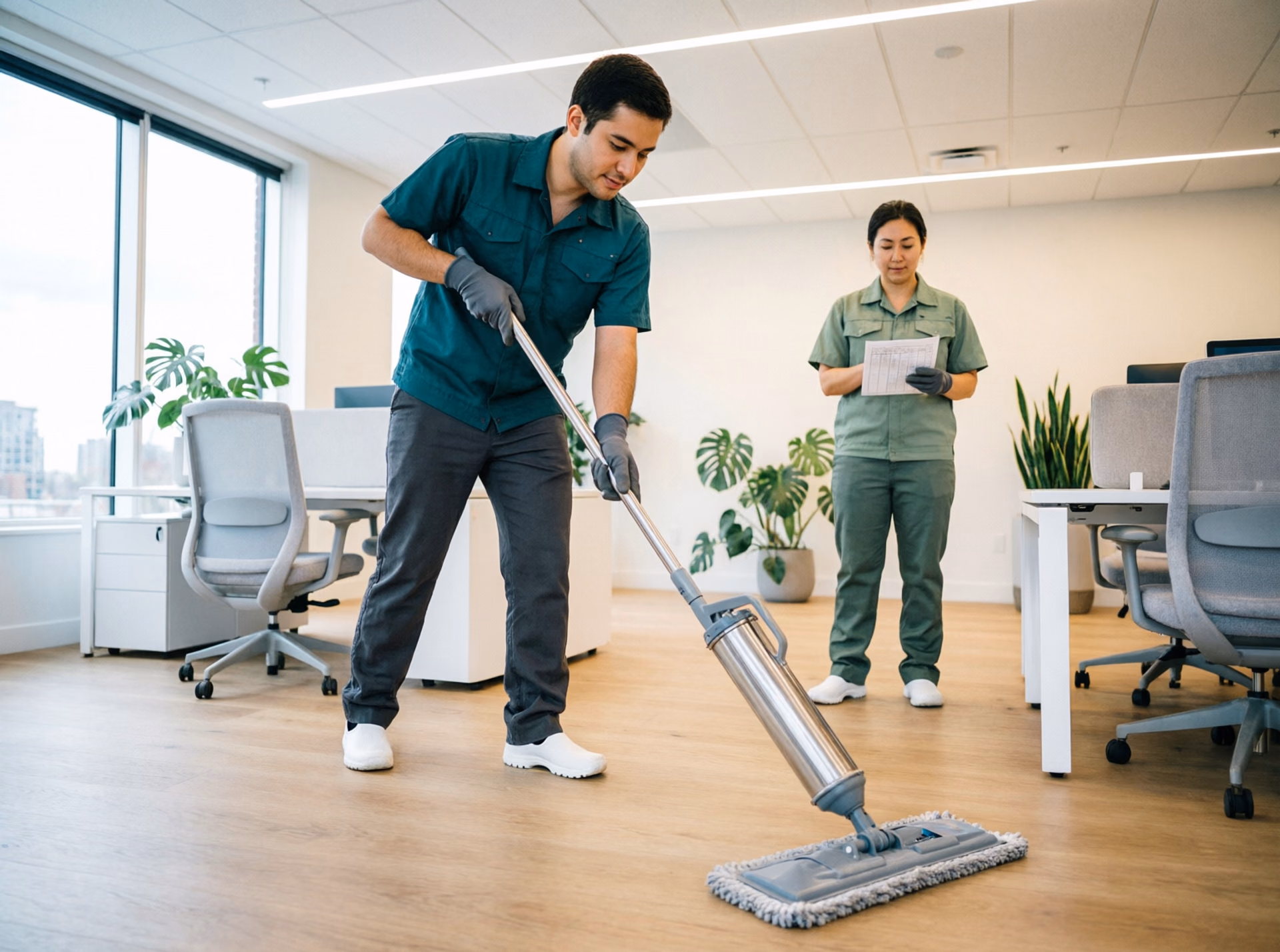 A uniformed janitorial technician mopping around office desks in a bright Ottawa workspace while a supervisor checks a cleaning schedule, the choice between managing one in-house cleaner and relying on a full janitorial team.