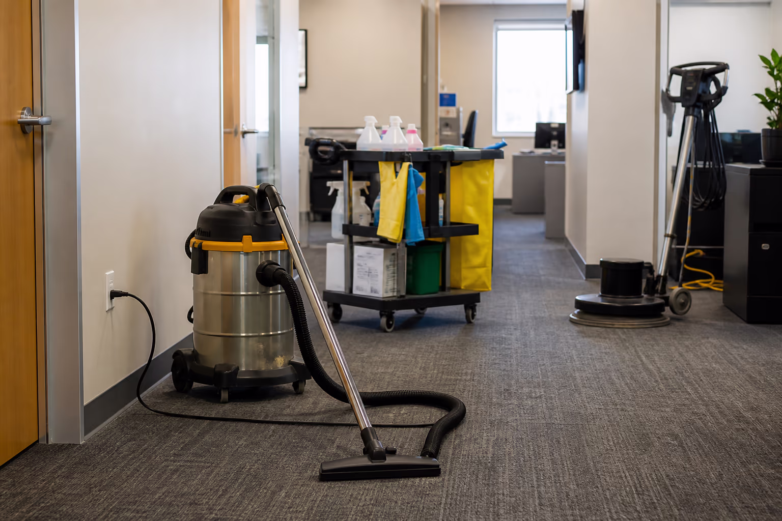 A wide view of a professional cleaning equipment set in an Ottawa office, with a commercial HEPA vacuum, colour-coded microfibre cloths, a floor machine and a labelled chemical cart ready for a nightly janitorial route.