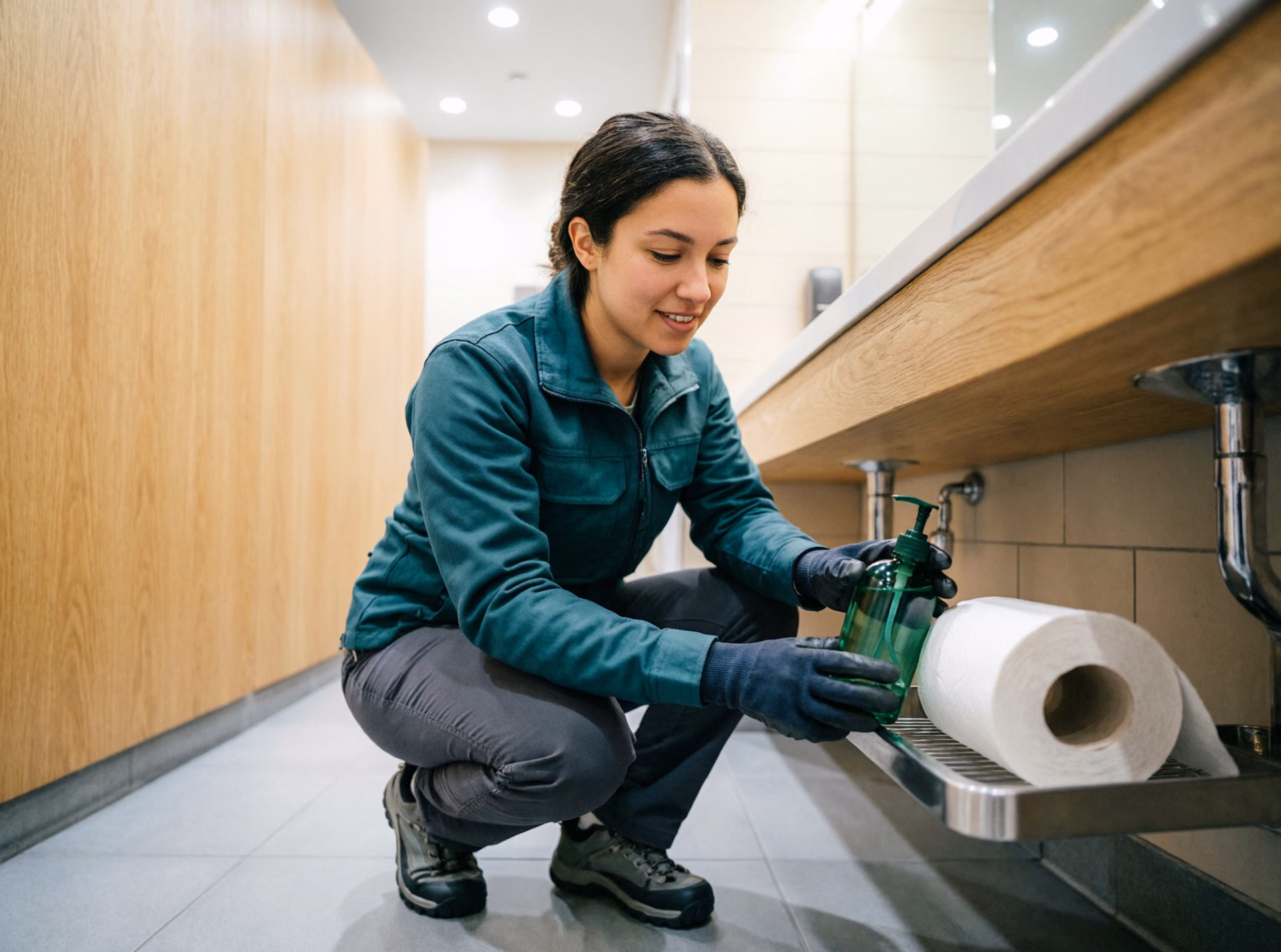 A portrait of a cleaning technician restocking an Ottawa office washroom with soap and paper towels after hours, the reliable coverage a service team provides when one janitor is away.