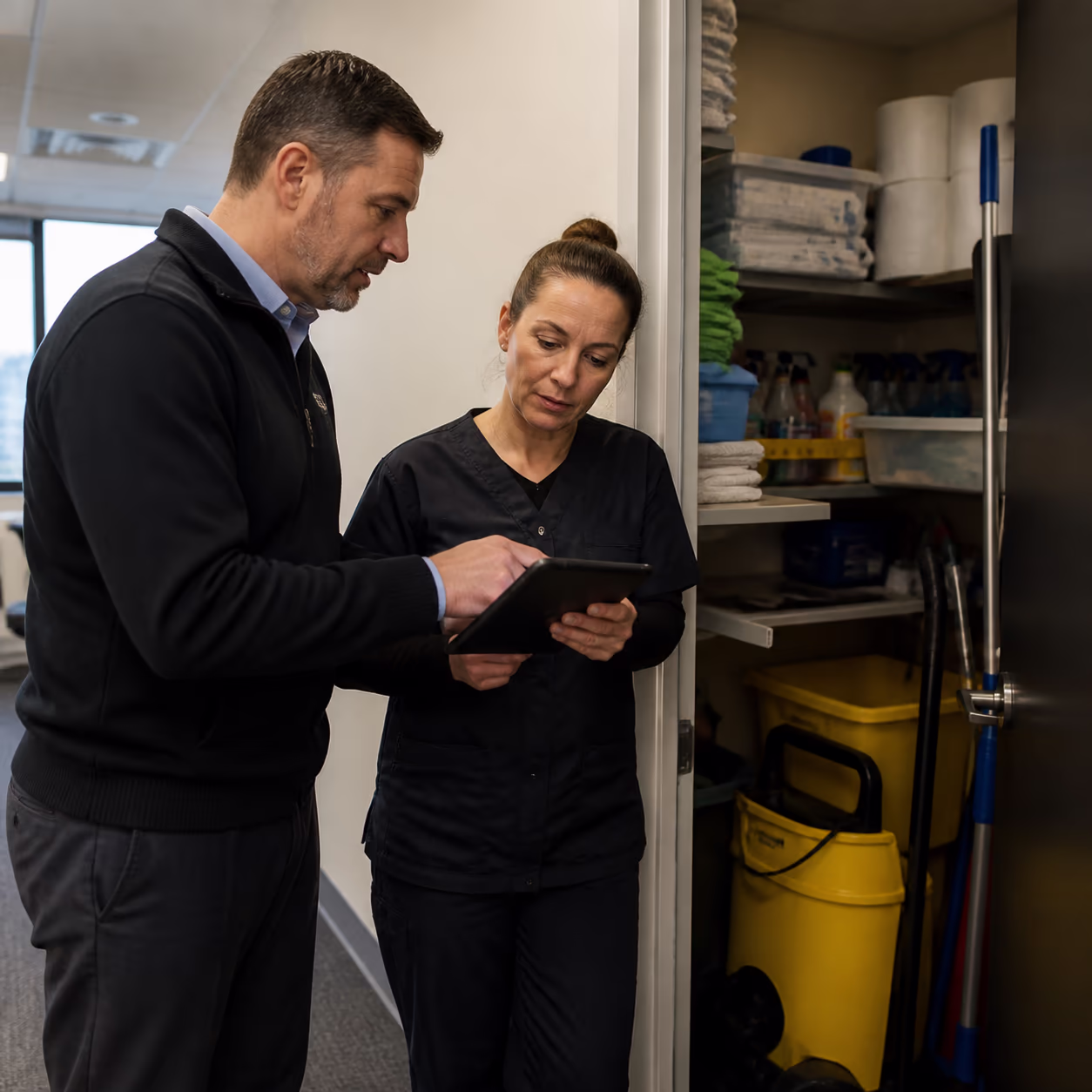 A square close-up of a building manager and an in-house janitor reviewing a weekly cleaning schedule beside a stocked janitorial closet in an Ottawa office, weighing the cost of managing one employee against a service contract.