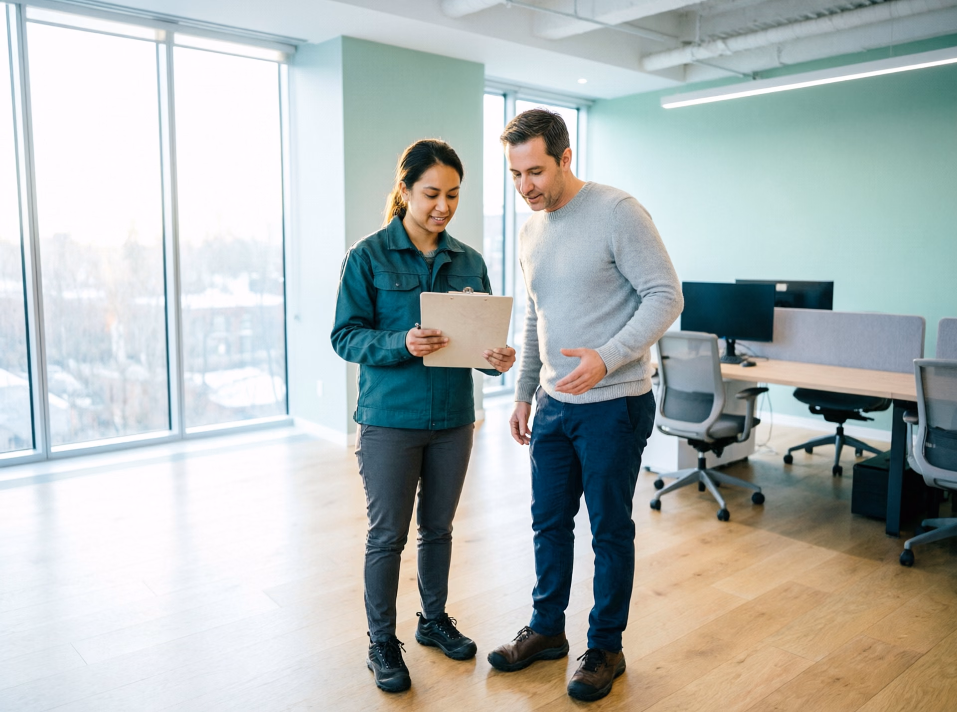 A portrait of a supervisor walking an Ottawa business owner through a janitorial plan, comparing the in-house and service options with a documented schedule and product list on a clipboard.