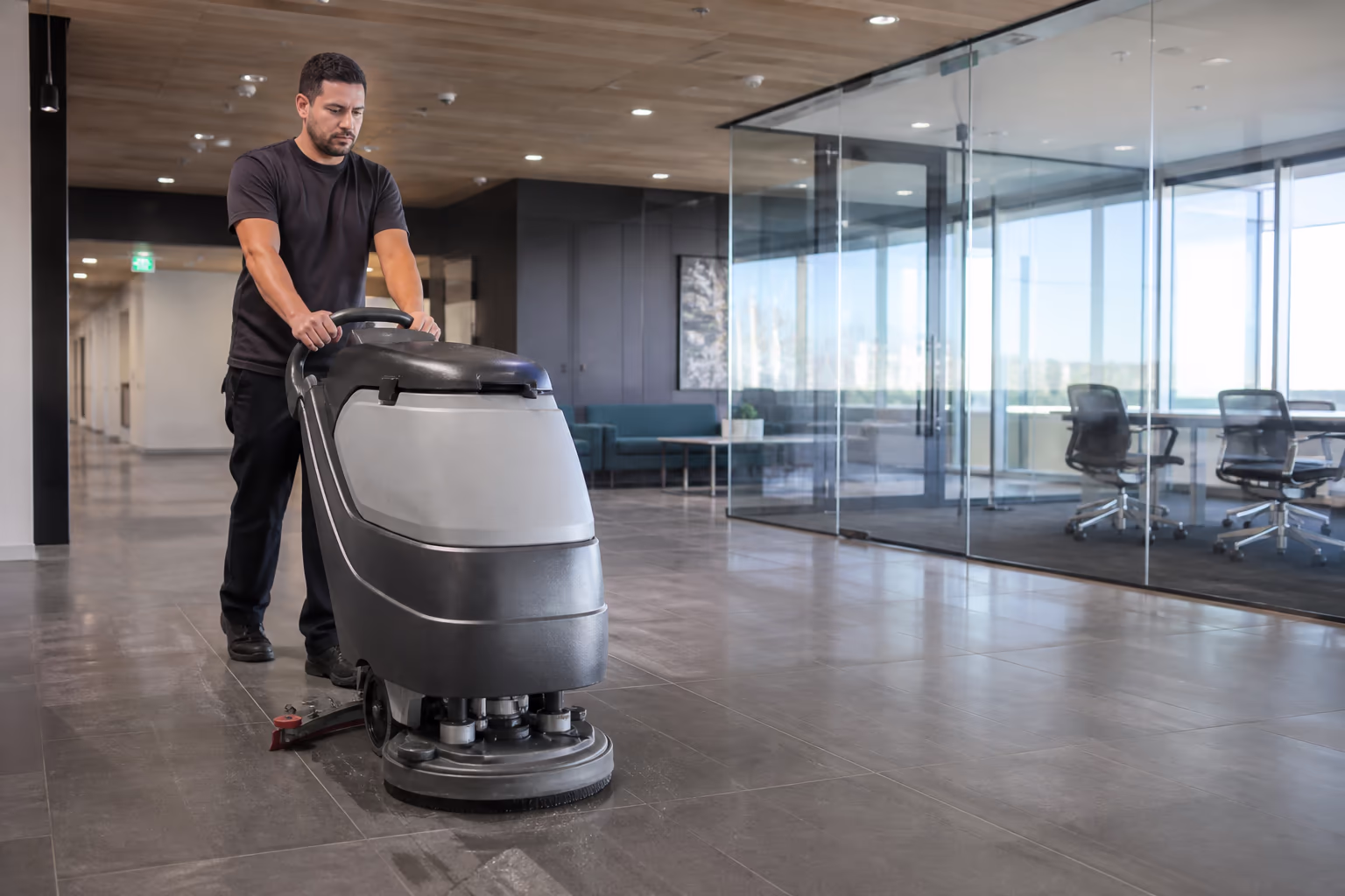 A modern Ottawa office at night with a professional cleaning team running an autonomous floor scrubber and wiping high-touch workstations, bright open-plan lighting and spotless glass walls.
