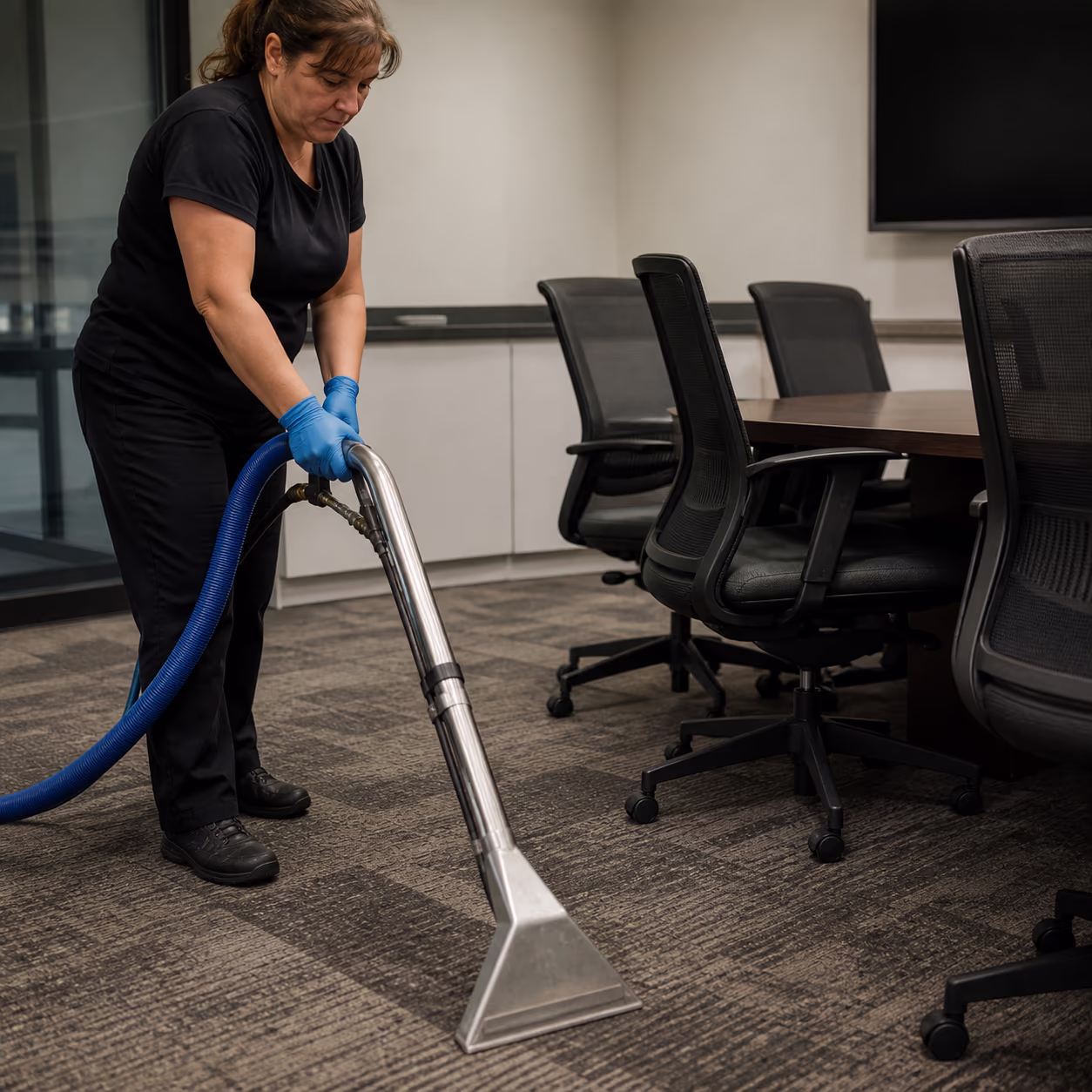 A close-up of an autonomous floor-scrubbing robot tracing a clean path across a polished Ottawa office lobby at night, a wet-floor sign standing nearby.