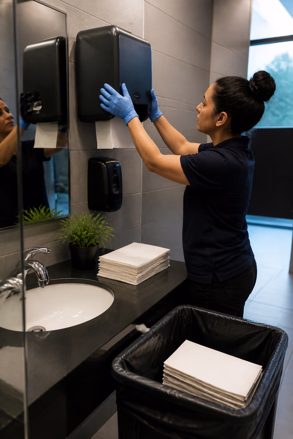 A portrait of a cleaning technician restocking an Ottawa office washroom with soap and touchless paper dispensers after hours, keeping the shared environment consistently cared for.